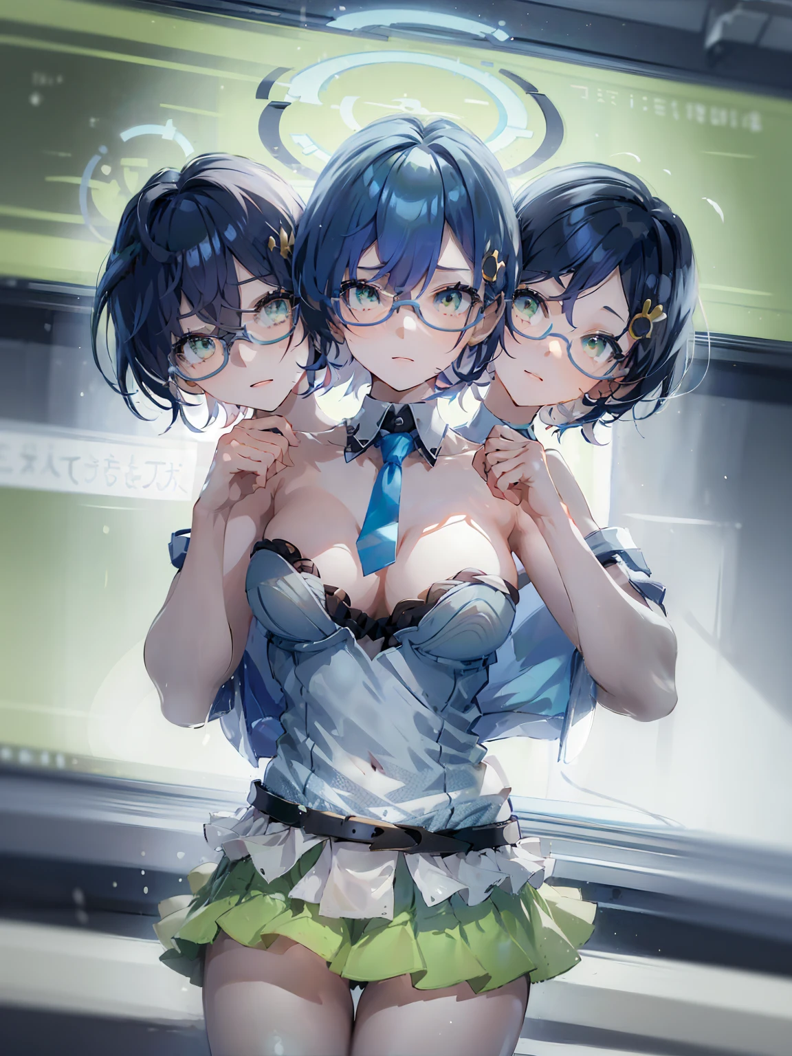 (masterpiece,best quality),best resolusion,(3heads:1.5),1 girl,Chihiro character,short blue hair,has a ring on top of the head with black edges and a light blue center pattern,green eyes,wearing blue glasses,wearing a ribbon in your hair,wearing a light blue uniform with a white middle,wearing a light blue tie,His right hand holds the glasses he is wearing,gaze towards the audience,white background