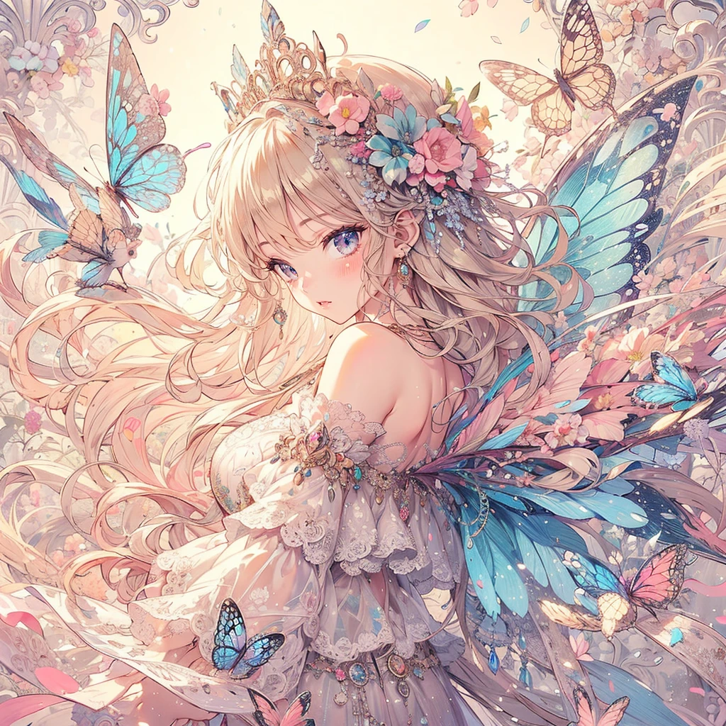 (exquisite, beautiful, very detailed, masterpiece, high quality,High resolution),(soft thin lines:1.2, Beautiful, delicate and pretty face),(Butterfly-like fairy wings growing from her back),from a little far away,body whole,The whole body is reflected,night,A fairy princess is dancing in a gorgeous baroque castle,lots of flowers,Hanabubuki,indoor,(Diamond Tiara, earrings, necklace), ((Gorgeous pastel ball gown dress:1.1, Balloon sleeves,Jewels, ribbons, lace and frills, 背中からbeautiful妖精の羽)), (light pink blush, plump pink lips,big bust,Fair skin, good style),watercolor style