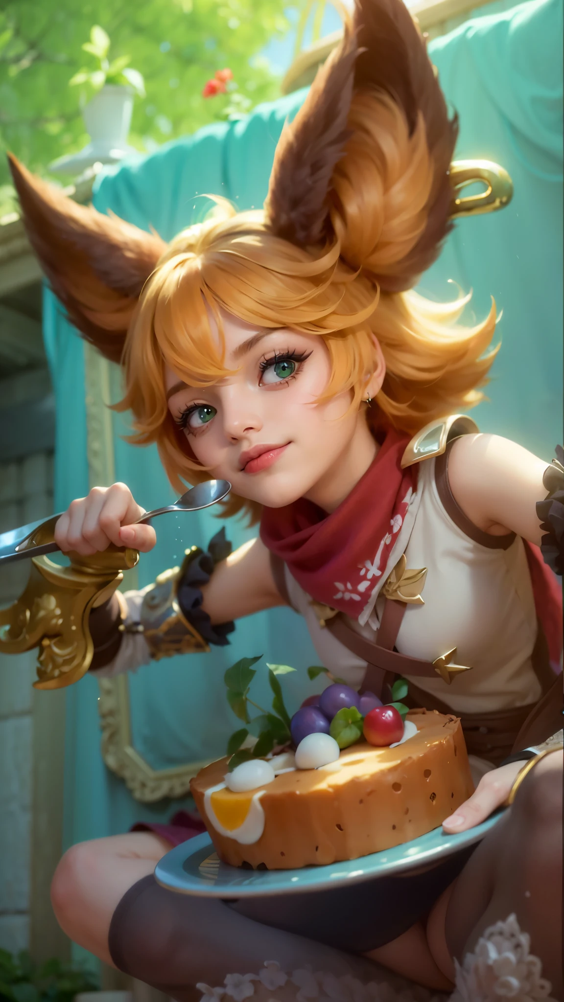 a girl with a cat hat and gloves, girl holding spoon and plate of cake in hands, 8k, ultra hd, ultra detailed texture, hyper realistic, masterpiece, detailed texture, detailed face, detailed skin, detailed lighting, (photorealistic:1.5), best quality, beautiful lighting, cinematic lighting, professional lighting, ultra highres, realistic, detailed hair, real hair, high quality, (realskin:1.5), extremely detailed, finely detail, ultra-detailed, green eyes, smile.