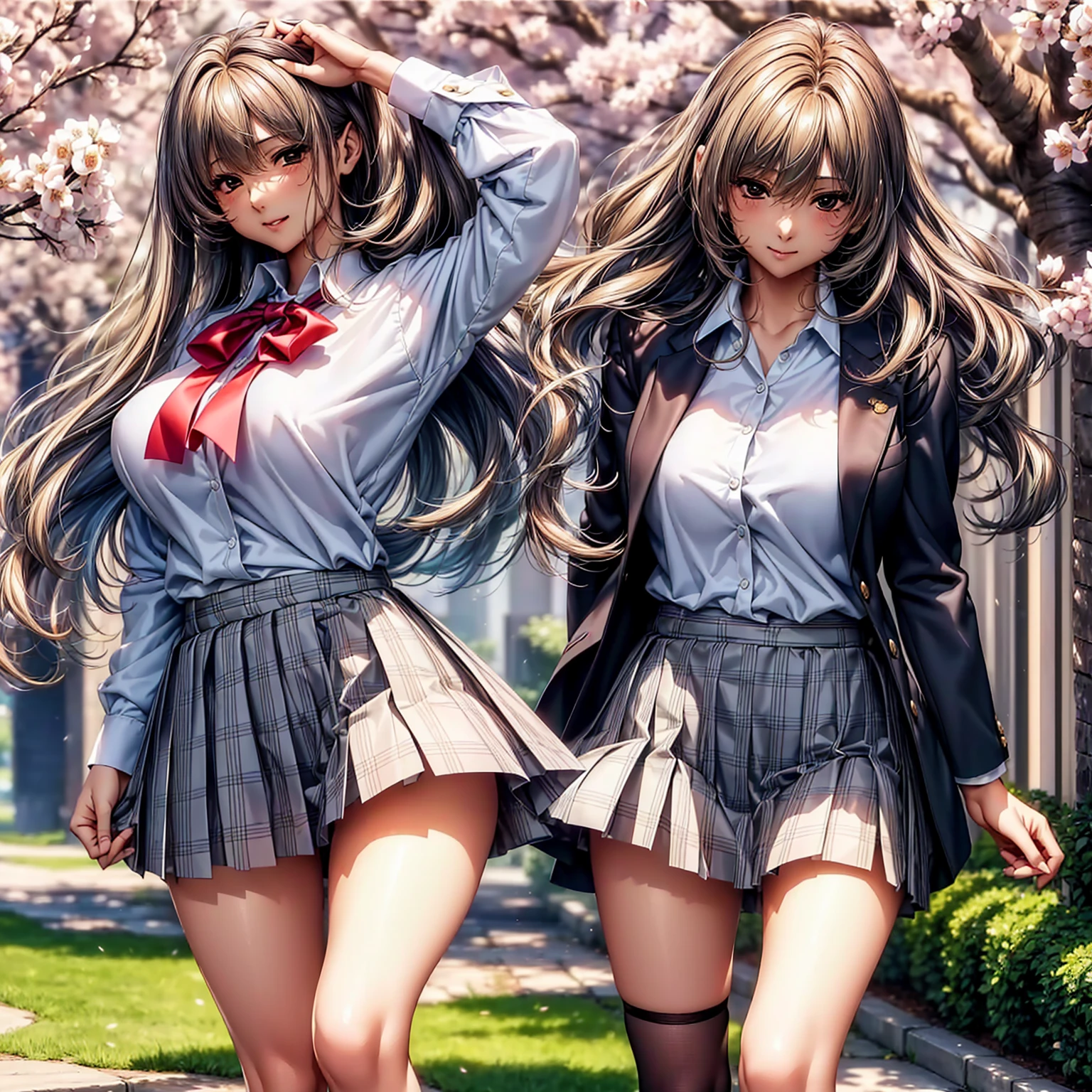 (((highest quality、masterpiece、very high resolution、High-definition images)))、beauty painting、One strong-willed beautiful girl:18-year-old、beautiful body:Slender, beautiful breasts and beautiful legs、beautiful face:smile、eyes with strong will,beautiful hair:various hairstyles 、(best skin and hair texture,realistic skin texture,realistic hair texture)、((high school uniform:blouse:ribbon:blazer:plaid pleated skirt))、beautiful waterside、beautiful cherry blossoms、stone steps、beautiful sky、Natural light、beautiful scenery、beautiful pose、model shoot、(((The wind is blowing:Skirt flips up:Panties are exposed))),(((I can see inside the skirt:I can see your panties)))Angle looking up from below,accurate image:1.5、accurate anatomy:1.5、Image without defects、perfect image、Overall image、(best shot、Raw photo: 1.2)