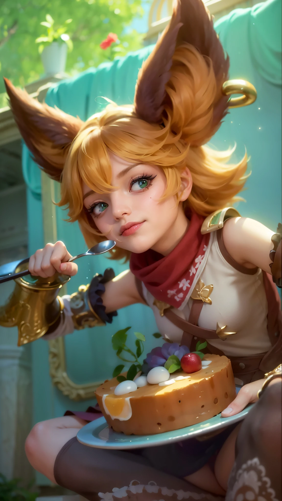 a girl with a cat hat and gloves, girl holding spoon and plate of cake in hands, 8k, ultra hd, ultra detailed texture, hyper realistic, masterpiece, detailed texture, detailed face, detailed skin, detailed lighting, (photorealistic:1.5), best quality, beautiful lighting, cinematic lighting, professional lighting, ultra highres, realistic, detailed hair, real hair, high quality, (realskin:1.5), extremely detailed, finely detail, ultra-detailed, green eyes, smile.