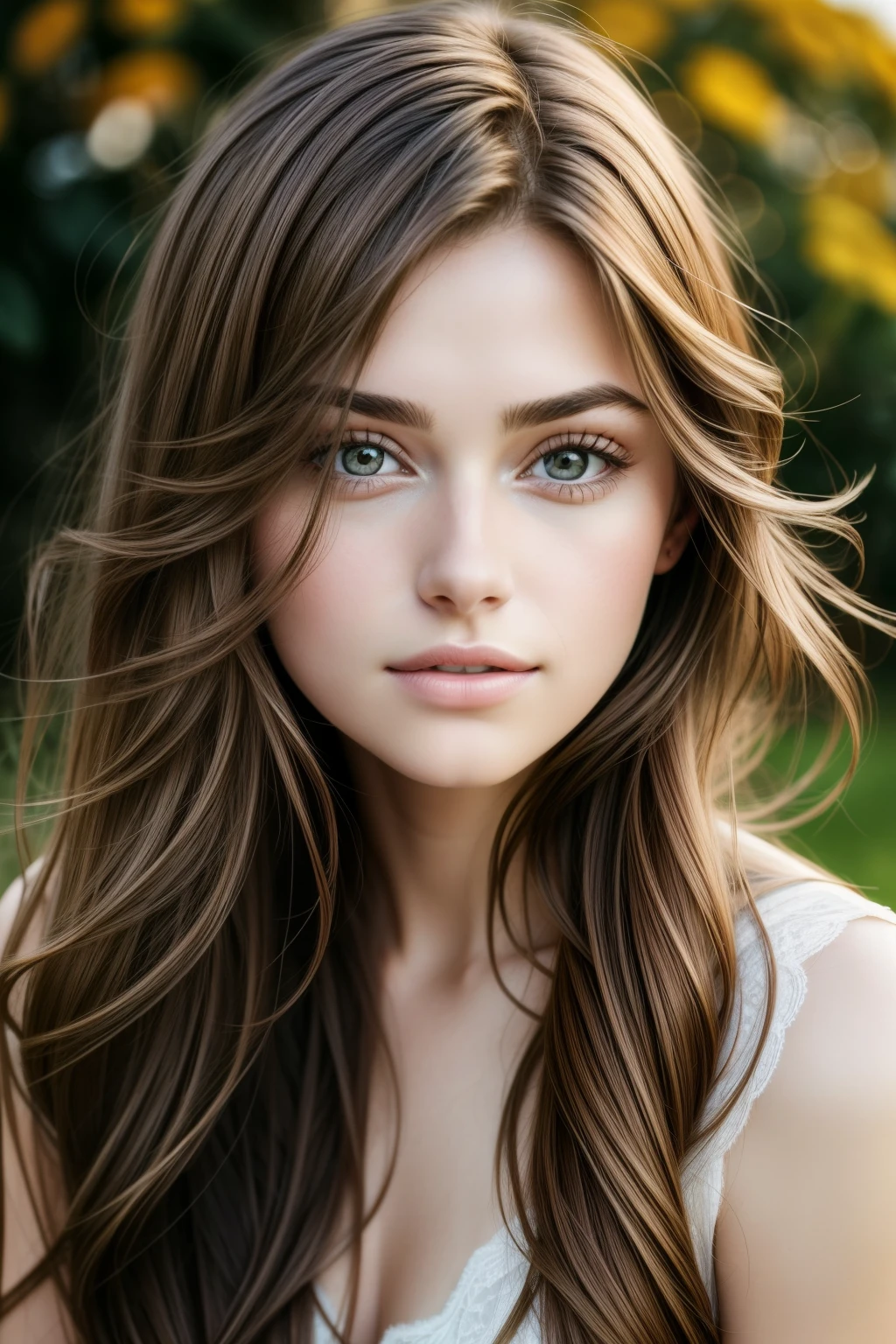 Close-up photo of a youthful 25-year-old girl with lustrous, flowing brown hair cascading down her face, framing her delicate features. The shot captures the raw beauty of her natural brown locks, enhanced by the soft, cinematic light that gently illuminates her flawless complexion. The high-resolution image showcases every intricate detail of her hair strands, with sharp focus and photorealistic textures, giving it a lifelike quality. The neutral tones and soft contrast lend an elegant and sophisticated feel to the overall composition. This masterpiece of a photograph is a testament to the beauty of youth and the art of photography.