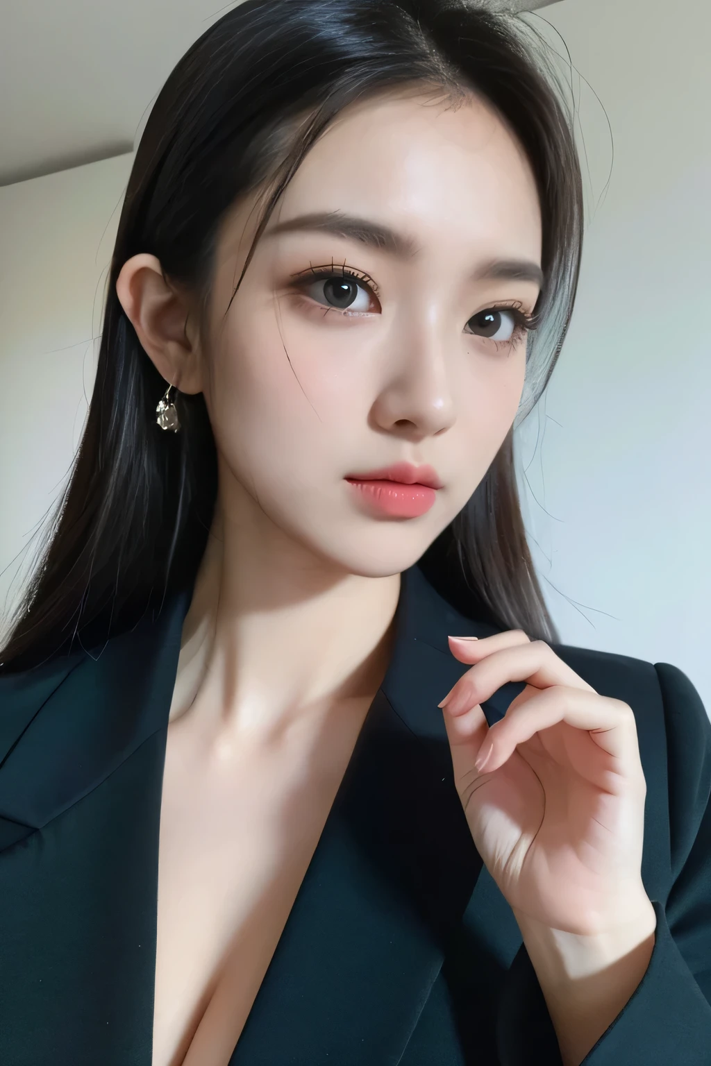 tmasterpiece,Best quality,A high resolution,8K,(Portrait photograph:1.5),(Head close-up),(ROriginal photo),real photograph,digital photography,(Girls in the workplace),(Female president),20 year old girl,random hair style,By bangs,(green-eyed),Serious and obsessed with breasts, accessories,Keep one's mouth shut,elegant and charming,Serious and arrogant,Calm and handsome,(Women's professional attire),Photo pose,Realisticstyle,gray world background,oc render reflection texture