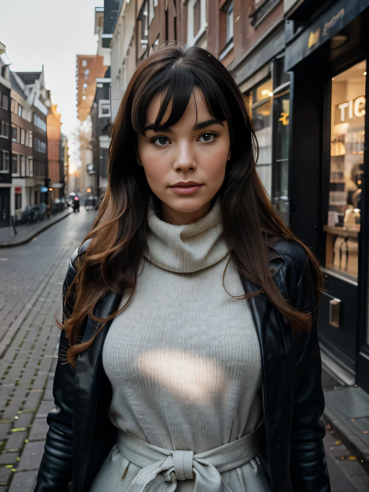 Bettie Page, Golden Locks hair, detailed freckles, blue eyes, very slim, very short, posing in Amsterdam, modeling, wearing turtleneck, trench coat, scarf, The image, realistic hyper-detailed photo captured in stunning Ultra HD, 8k resolution, Nikon D850, — style raw — c 10 — ar 2:3 — s 250V