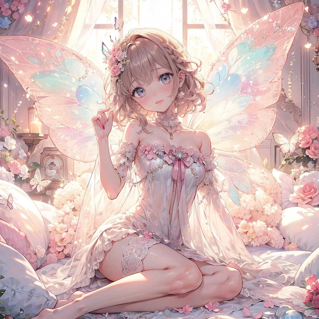 (exquisite, beautiful, very detailed, masterpiece, high quality,High resolution),(soft thin lines:1.2, Beautiful, delicate and pretty face), (Butterfly-like fairy wings growing from her back),from a little far away,body whole,night,A fairy princess lies on a plush, luxurious bed in a luxurious room.,face down,lots of flowers,Hanabubuki,indoor,(Diamond Tiara, earrings, necklace), ((Gorgeous pastel ball gown dress:1.1, Balloon sleeves,Jewels, ribbons, lace and frills, 背中からbeautiful妖精の羽)), (light pink blush, plump pink lips,big bust,Fair skin, good style),