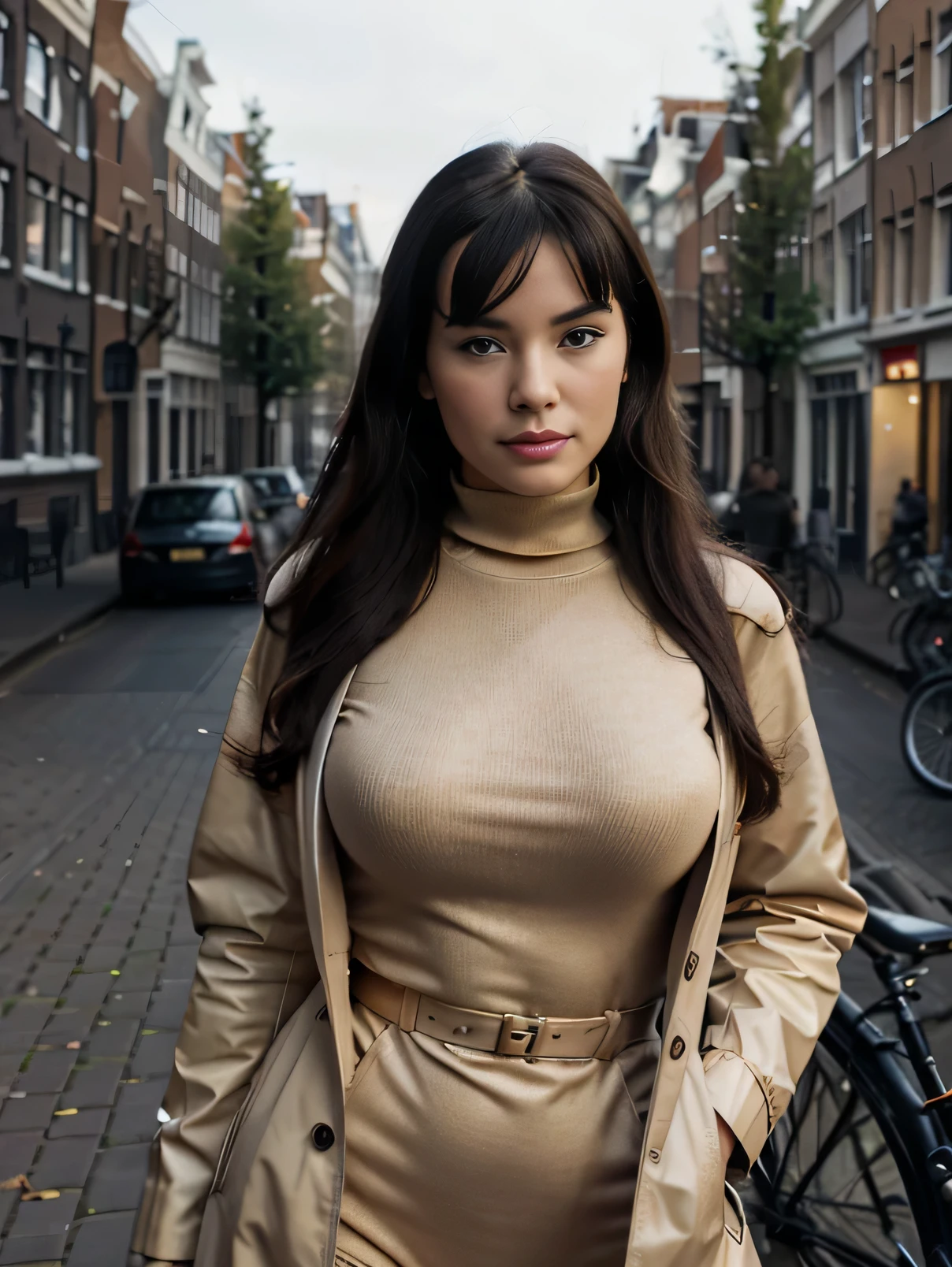 Bettie Page, Golden Locks hair, detailed freckles, blue eyes, very slim, very short, posing in Amsterdam, modeling, wearing turtleneck, trench coat, scarf, The image, realistic hyper-detailed photo captured in stunning Ultra HD, 8k resolution, Nikon D850, — style raw — c 10 — ar 2:3 — s 250V