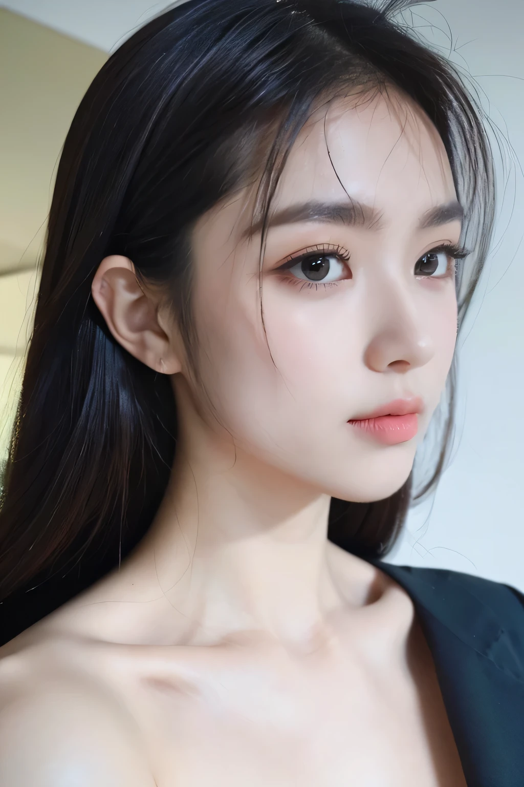tmasterpiece,Best quality,A high resolution,8K,(Portrait photograph:1.5),(Head close-up),(ROriginal photo),real photograph,digital photography,(Girls in the workplace),(Female president),20 year old girl,random hair style,By bangs,(green-eyed),Serious and obsessed with breasts, accessories,Keep one's mouth shut,elegant and charming,Serious and arrogant,Calm and handsome,(Women's professional attire),Photo pose,Realisticstyle,gray world background,oc render reflection texture