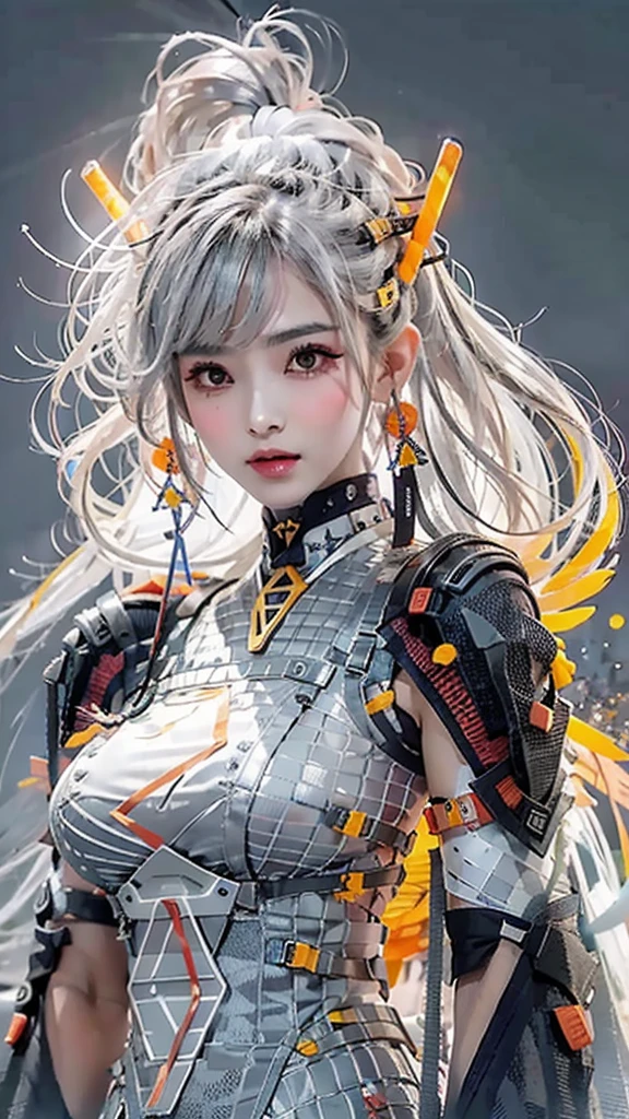 Samurai girl,1 girl, solo,super full havy samurai outfit , liquid silver and orange, cyberhan, cheongsam, cyberpunk city, dynamic pose, glowing hair accessories, pony hair, glowing earrings, glowing necklace, high-tech city, full of samurai sword and futuristic elements, futuristic, technology, glowing neon, orange, orange light, transparent tulle, transparent streamers, laser, digital background urban sky, big moon, best quality, masterpiece, 8K, character edge light, Super high detail, high quality, the most beautiful girl in human beings, micro smile, face facing front and left and right symmetry, ear decoration, beautiful pupils, light effects, visual data, silver white hair, super detail facial texture