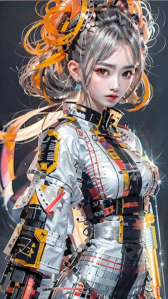 Samurai girl,1 girl, solo,super full havy samurai outfit , liquid silver and orange, cyberhan, cheongsam, cyberpunk city, dynamic pose, glowing hair accessories, pony hair, glowing earrings, glowing necklace, high-tech city, full of samurai sword and futuristic elements, futuristic, technology, glowing neon, orange, orange light, transparent tulle, transparent streamers, laser, digital background urban sky, big moon, best quality, masterpiece, 8K, character edge light, Super high detail, high quality, the most beautiful girl in human beings, micro smile, face facing front and left and right symmetry, ear decoration, beautiful pupils, light effects, visual data, silver white hair, super detail facial texture