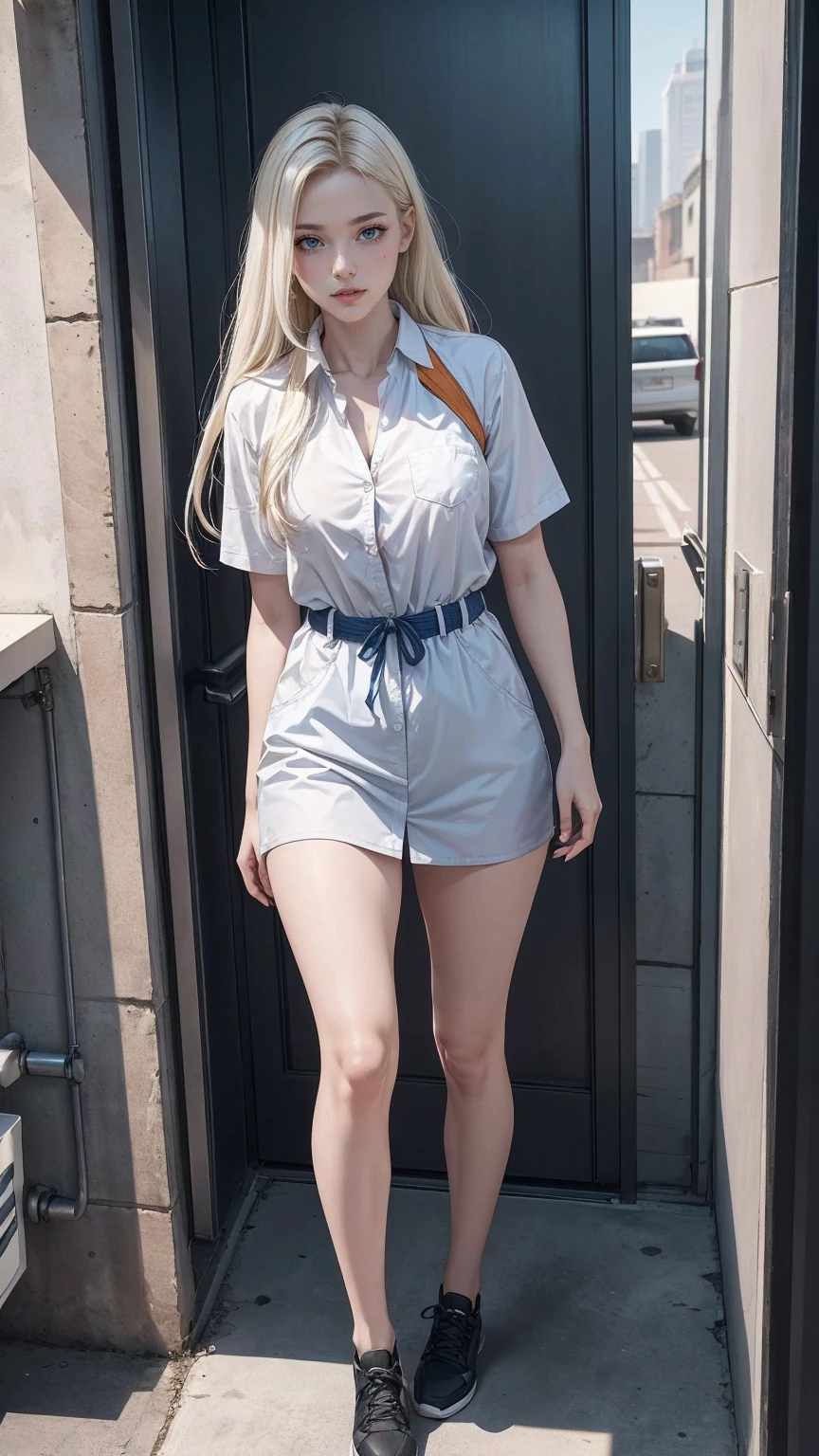 ((最high quality, 8K, masterpiece: 1.3, Ultra HD, high quality, 最high quality, High resolution, realism)) 、(high color saturation:1.0), (highly detailed skin), (最high quality:1.0), (超High resolution:1.0) ,(realistic:1.0), (Super detailed:1.0), (8K, Raw photo:1.1), slender、Slender, muscular body that's toned like an athlete's、I don't want my head to disappear from the screen.、25 year old white woman、platinum blonde、blue eyes、long hair、hair above one eye、Being a detective、wear a suit、Following the suspect、Hide in the corner of a building and watch the situation、Talking with an intercom