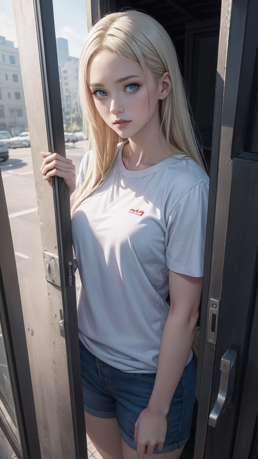 ((最high quality, 8K, masterpiece: 1.3, Ultra HD, high quality, 最high quality, High resolution, realism)) 、(high color saturation:1.0), (highly detailed skin), (最high quality:1.0), (超High resolution:1.0) ,(realistic:1.0), (Super detailed:1.0), (8K, Raw photo:1.1), slender、Slender, muscular body that&#39;s toned like an athlete&#39;s、I don&#39;t want my head to disappear from the screen.、25 year old white woman、platinum blonde、blue eyes、long hair、hair above one eye、Being a detective、wear a suit、Following the suspect、Hide in the corner of a building and watch the situation、Talking with an intercom