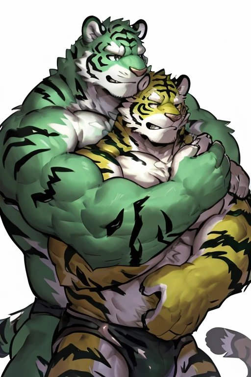 a green tiger and a white tiger wrestling, furry chest, muscular green tiger hug muscular white tiger back, muscular green tiger stand behind, hug from behind, white background, perfect hand, thick furry neck and chest fluff, having sex, by lindong, by nullghost
