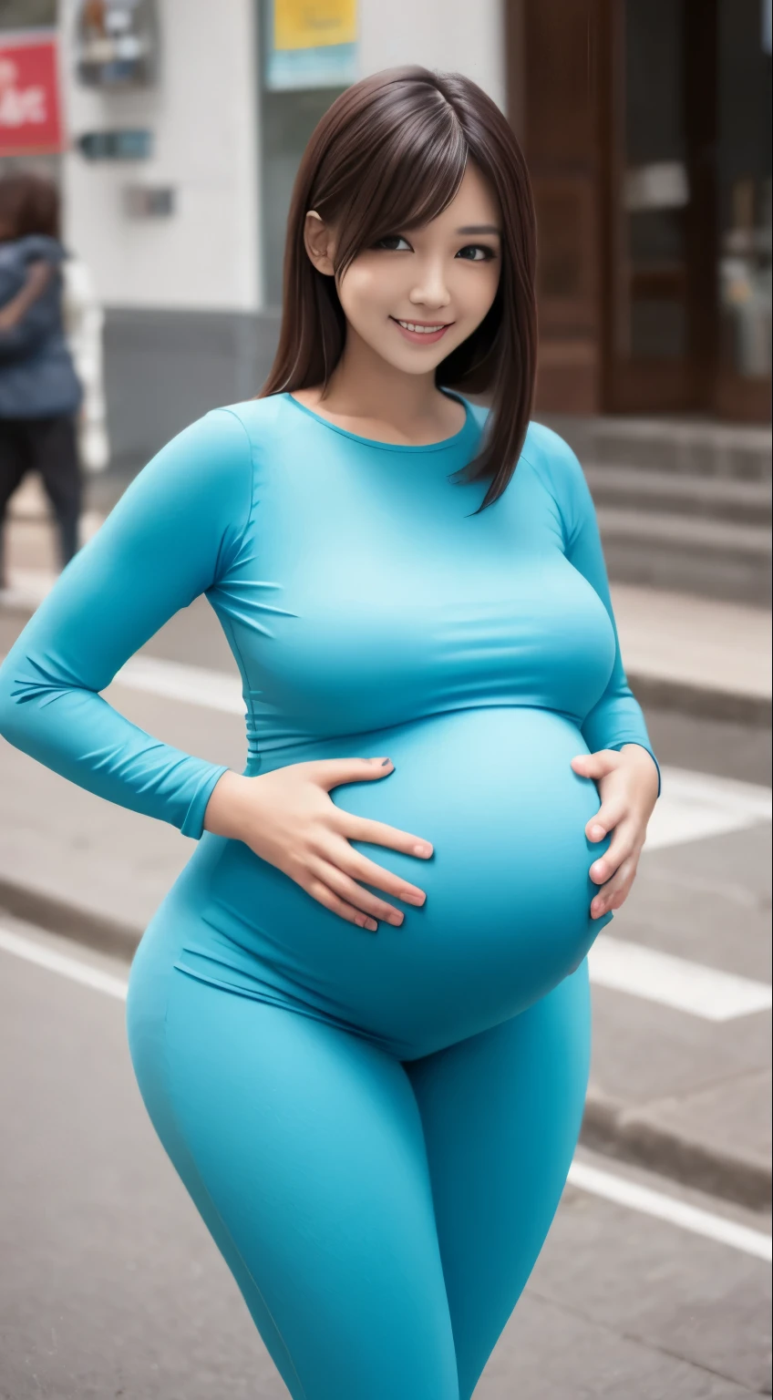 blue eyes, stunning proportions, smile, photorealistic, spiffy zentai, large breasts, pregnant