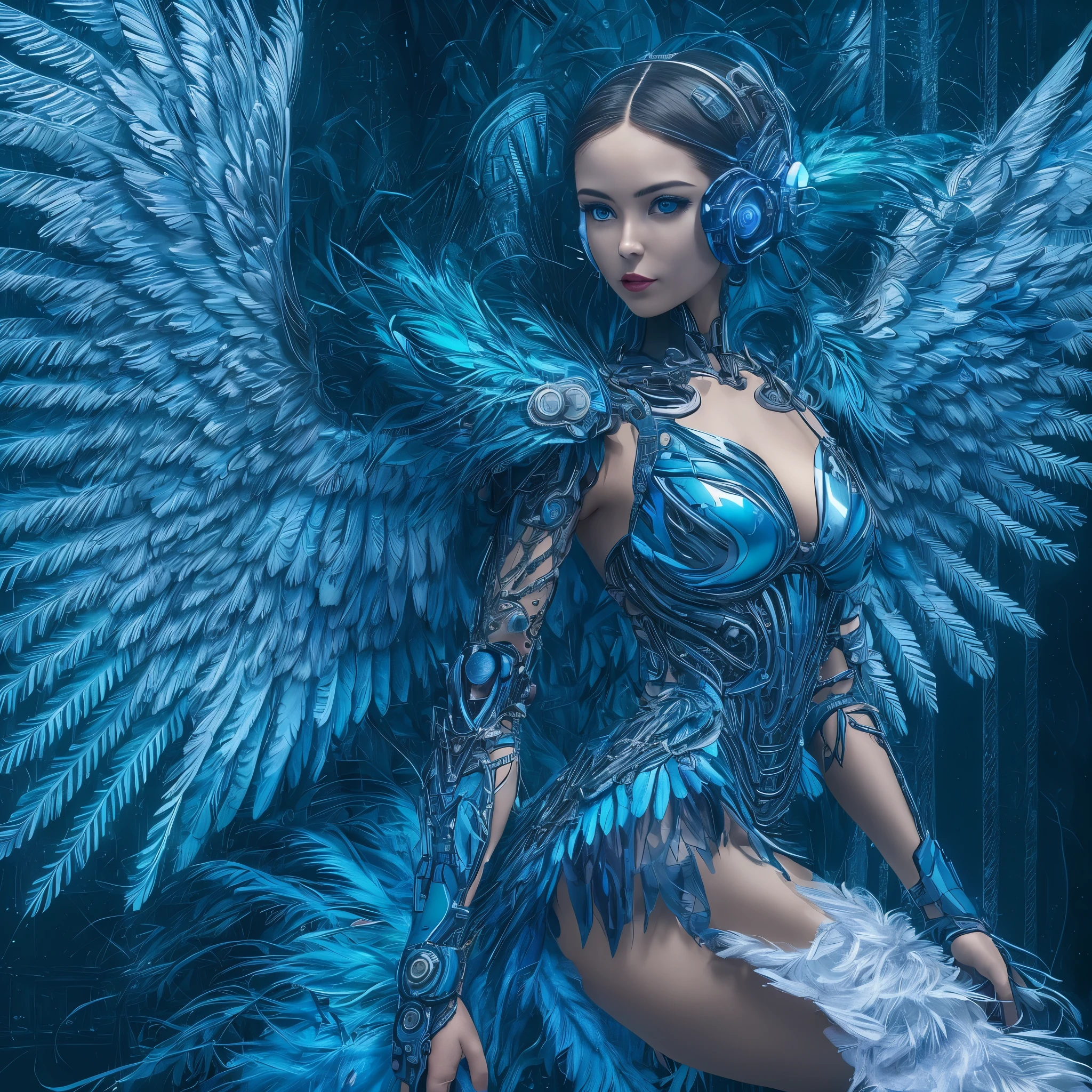 Close-up of a woman in a blue dress with wings, full body angel, futuristic robot angel, amazing angel wings, angel knight gothic girl, angel in plastic armor, intricate costume designs, As a mysterious Valkyrie, The whole body is made of blue feathers,, futuristic and fantastic, Blue wings, beautiful angel wings, steampunk angel, beautiful cyborg angel girl, graceful wings