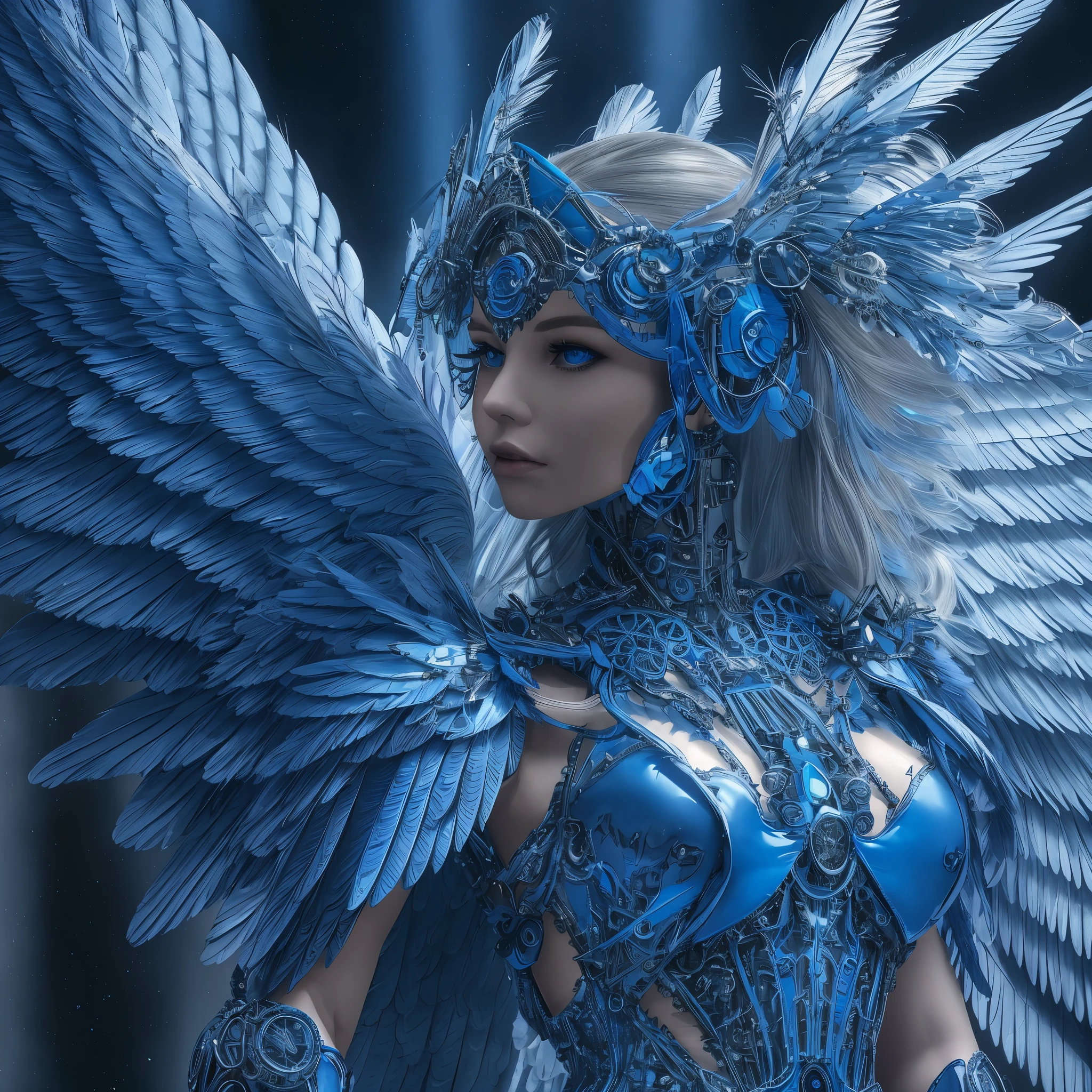 Close-up of a woman in a blue dress with wings, full body angel, futuristic robot angel, amazing angel wings, angel knight gothic girl, angel in plastic armor, intricate costume designs, As a mysterious Valkyrie, The whole body is made of blue feathers,, futuristic and fantastic, Blue wings, beautiful angel wings, steampunk angel, beautiful cyborg angel girl, graceful wings
