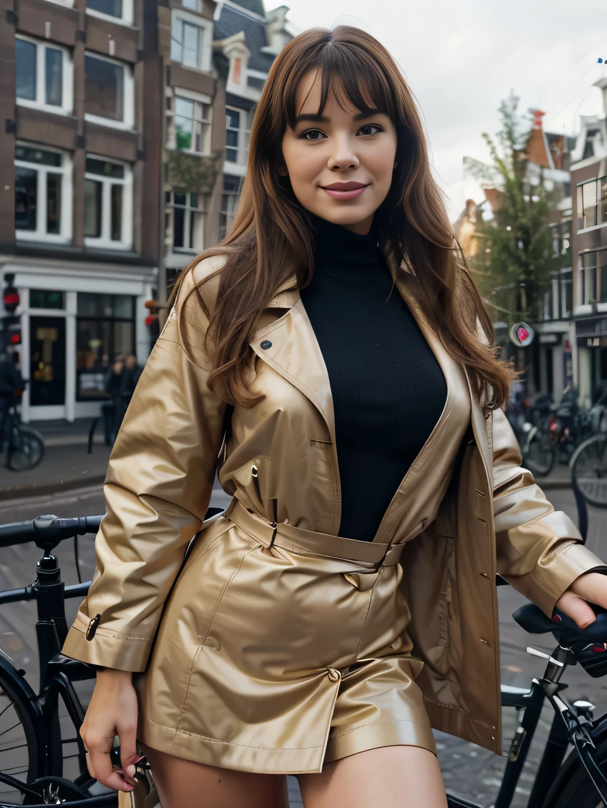 softly smiling Bettie Page, Golden Locks hair, detailed freckles, blue eyes, very slim, very short, posing in Amsterdam, modeling, wearing turtleneck, trench coat, maxy leather skirt,scarf, The image, realistic hyper-detailed photo captured in stunning Ultra HD, 8k resolution, Nikon D850, — style raw — c 10 — ar 2:3 — s 250V