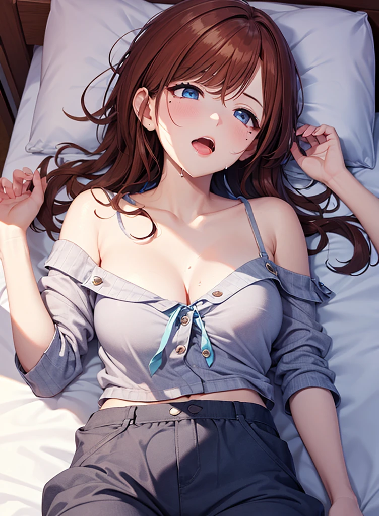 ultradetail、particles of light:0.5、off shoulder loungewear、beautiful cleavage、sleeping face up in bed、beautiful blue eye、half open mouth、natural texture、half-taken off pants、dripping cloudy saliva