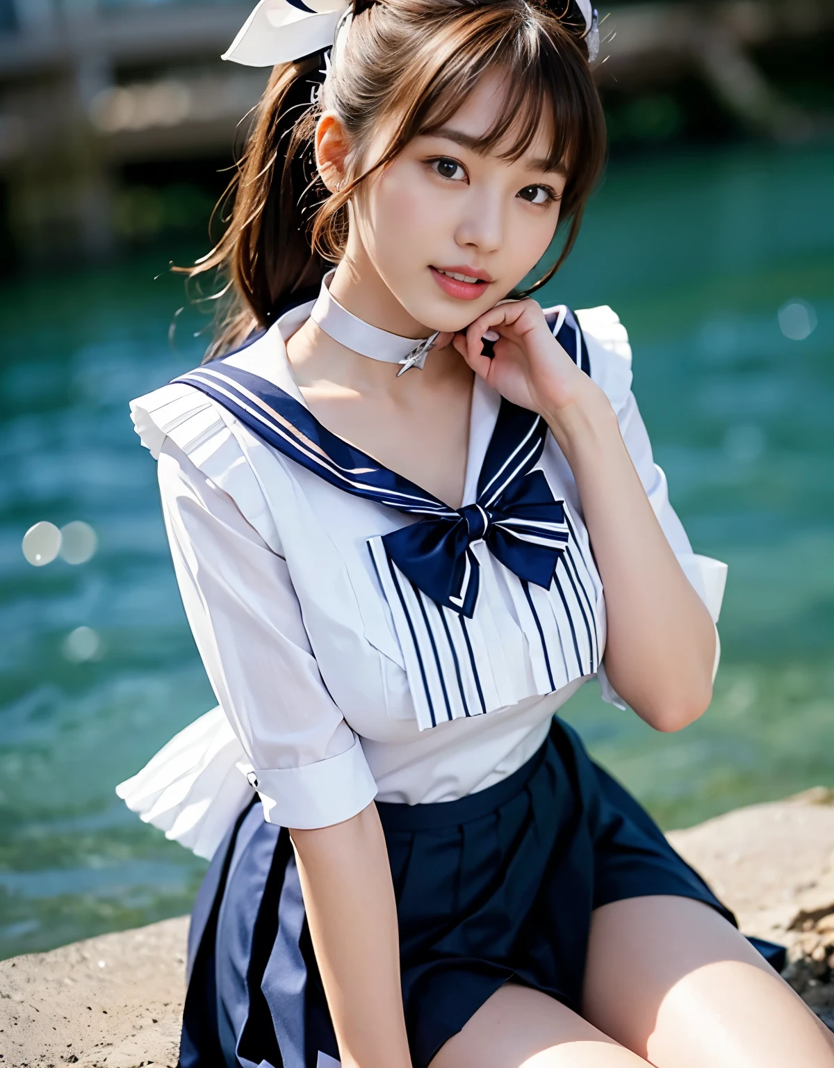 NSFW, 16k raw photos, highest quality, masterpiece, ultra high resolution, film grain, ((She is wearing (a high school sailor uniform).
(navy sailor collar:1.4),(white shirt:1.4),(navy pleats skirt:1.4),(navy bow:1.4))).film, 1 girl, look at the audience, Natural skin texture very heavy chest))),Realistic eye and face details, full lips, lipstick makeup), red eyeshadow, Fluffy ponytail hair, messy hair, A sloppy smile, beautiful legs, tall woman, skinny, slim_Legs, solo, huge breasts, cleavage, butt, shirt,, around the flower position, (detailed background,skimpy white shirt, huge breasts, cleavage, blurred background, plaid,, ((JK with a silver ribbon wrapped around her neck))),big JK ribbon, brown hair, bracelet, water, bangs, jewelry, parted lips,, Depth of bounds written、Underarm pussy、beautiful sea、water color striped pattern、beautiful sandy beach、