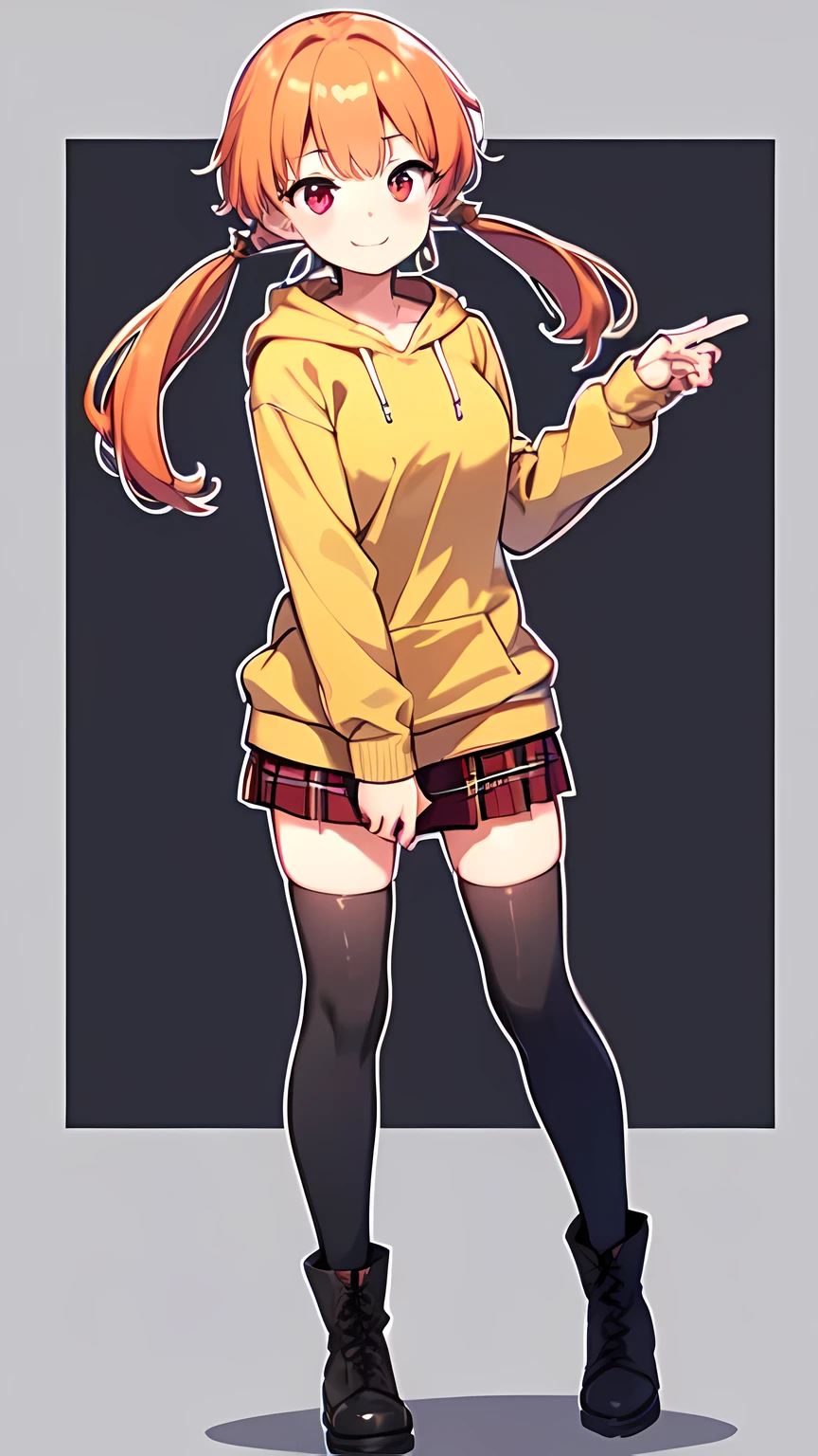 1girl,solo,full body,looking at viewer,facing viewer,short low twintails,orange hair,red eyes,twin parted bangs,hair pulled back,solid outline,smile,black thighhighs,red plaid skirt,gray tanktop,military boots,yellow hoodie around waist