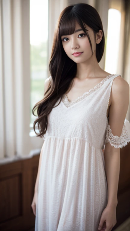 Beautiful young woman, attractive body, slim nightgown, clear detail view, highest quality image, intricate 3d