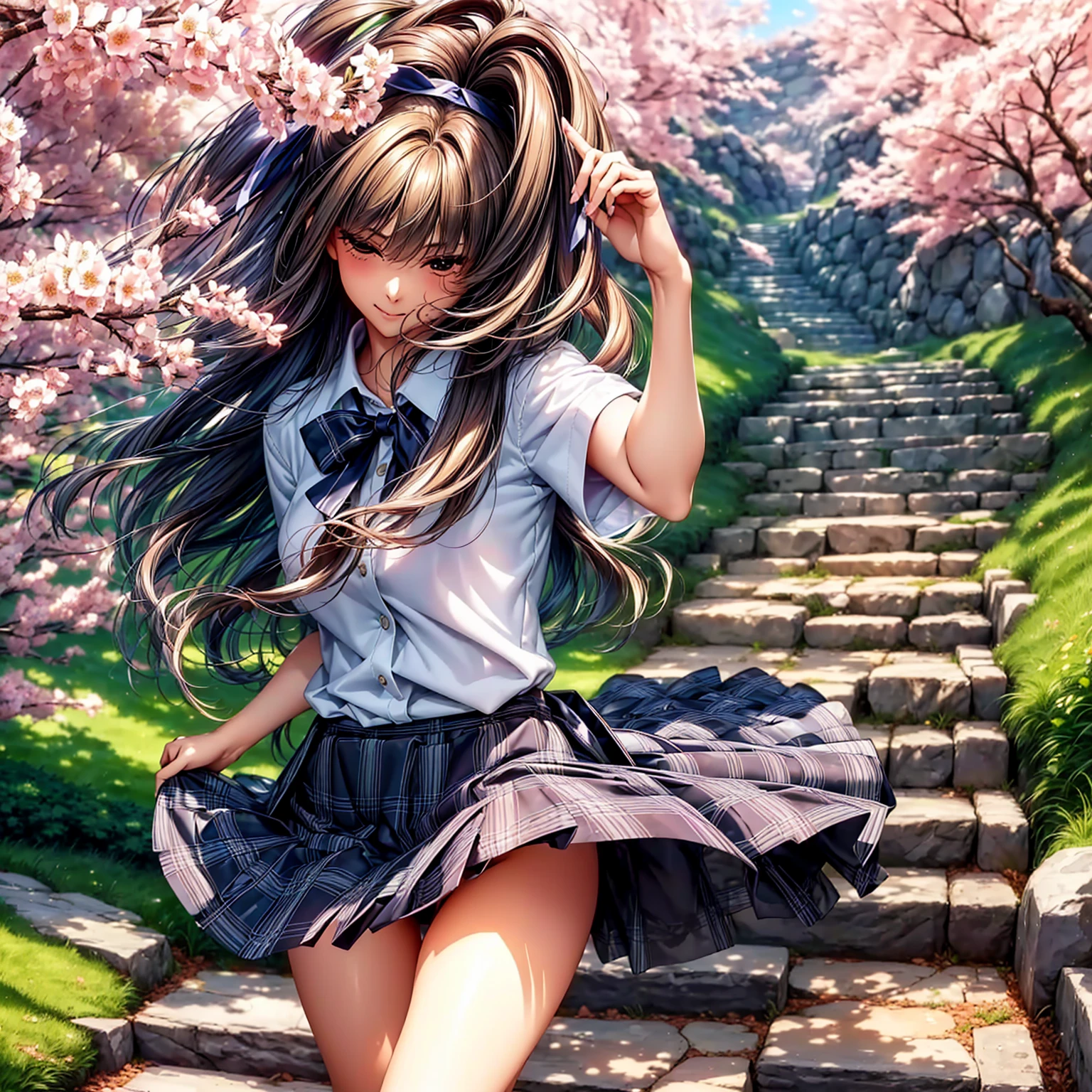 (((highest quality、masterpiece、very high resolution、High-definition images)))、beauty painting、realistic portrait、One strong-willed beautiful girl:18-year-old、beautiful body:Slender, beautiful breasts and beautiful legs、beautiful face:smile、eyes with strong will,beautiful hair:various hairstyles 、(best skin and hair texture,realistic skin texture,realistic hair texture)、((high school uniform:blouse:ribbon:blazer:plaid pleated skirt))、beautiful waterside、beautiful cherry blossoms、stone steps、beautiful sky、Natural light、beautiful scenery、beautiful pose、model shoot、(((The wind is blowing:Skirt flips up:Panties are exposed))),(((I can see inside the skirt:I can see your panties)))Angle looking up from below,accurate image:1.5、accurate anatomy:1.5、Image without defects、perfect image、Overall image、(best shot、Raw photo: 1.2)
