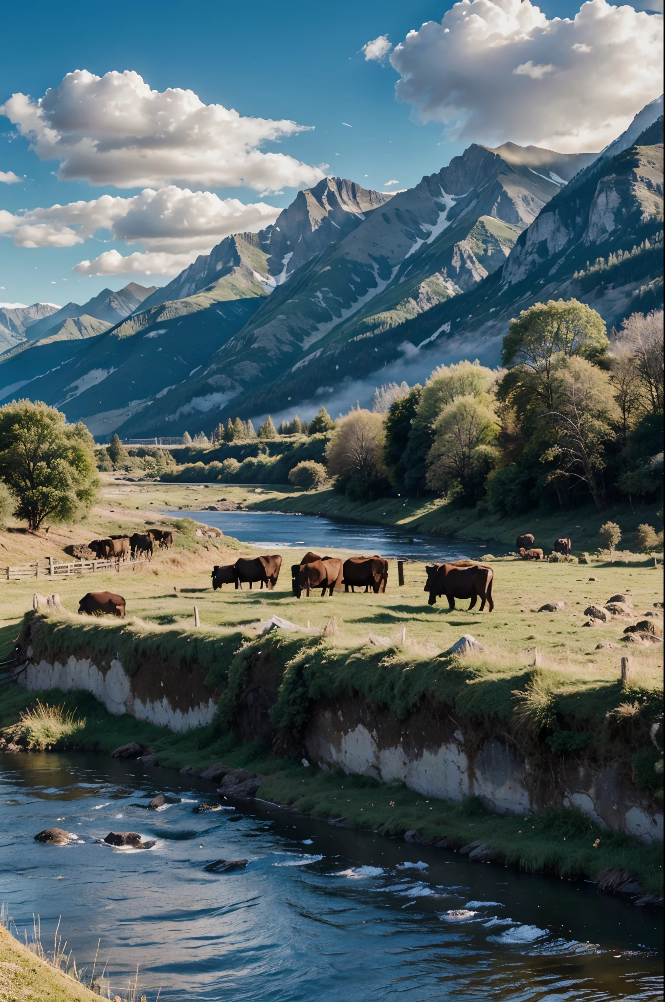 Landscape size nature background grass behind mountains river one cow in centre position clouds