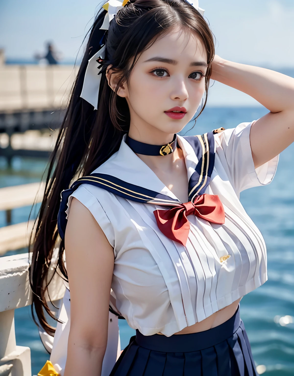 (((very heavy chest))),NSFW, 16k raw photos, highest quality, masterpiece, ultra high resolution, ((She is wearing Beautiful exposed redShe is wearing (a high school sailor uniform).
(navy sailor collar:1.4),(white shirt:1.4),(navy pleats skirt:1.4),(navy bow:1.4))).movie, 1 girl,((attractive expression)),eyes shine、 looking at the viewer, natural skin texture very heavy chest))),((( metal black ribbon around the neck))).star handle mold、((yellow eyes)),Realistic eye and face details, lip whole, lipstick makeup), fluffy ponytail hair, laughter, Beautiful feet, tall woman, ((glowing skin)),((Beautiful armpit)), slim_feet, huge breasts, cleavage, beautiful natural places, beautiful flower garden、(detailed background,highly exposed, huge breasts, blurred background,, JK ribbon on the neck, jk ribbon, golden hair, bracelet, water, bangs, split your lips、armpit、beautiful hip line、glowing skin、(((eyes shine brightly))),lotion skin、High leg、((black hair)),highly exposed、Skimpy pink luxury fur coat、beautiful sea background、wind effect、