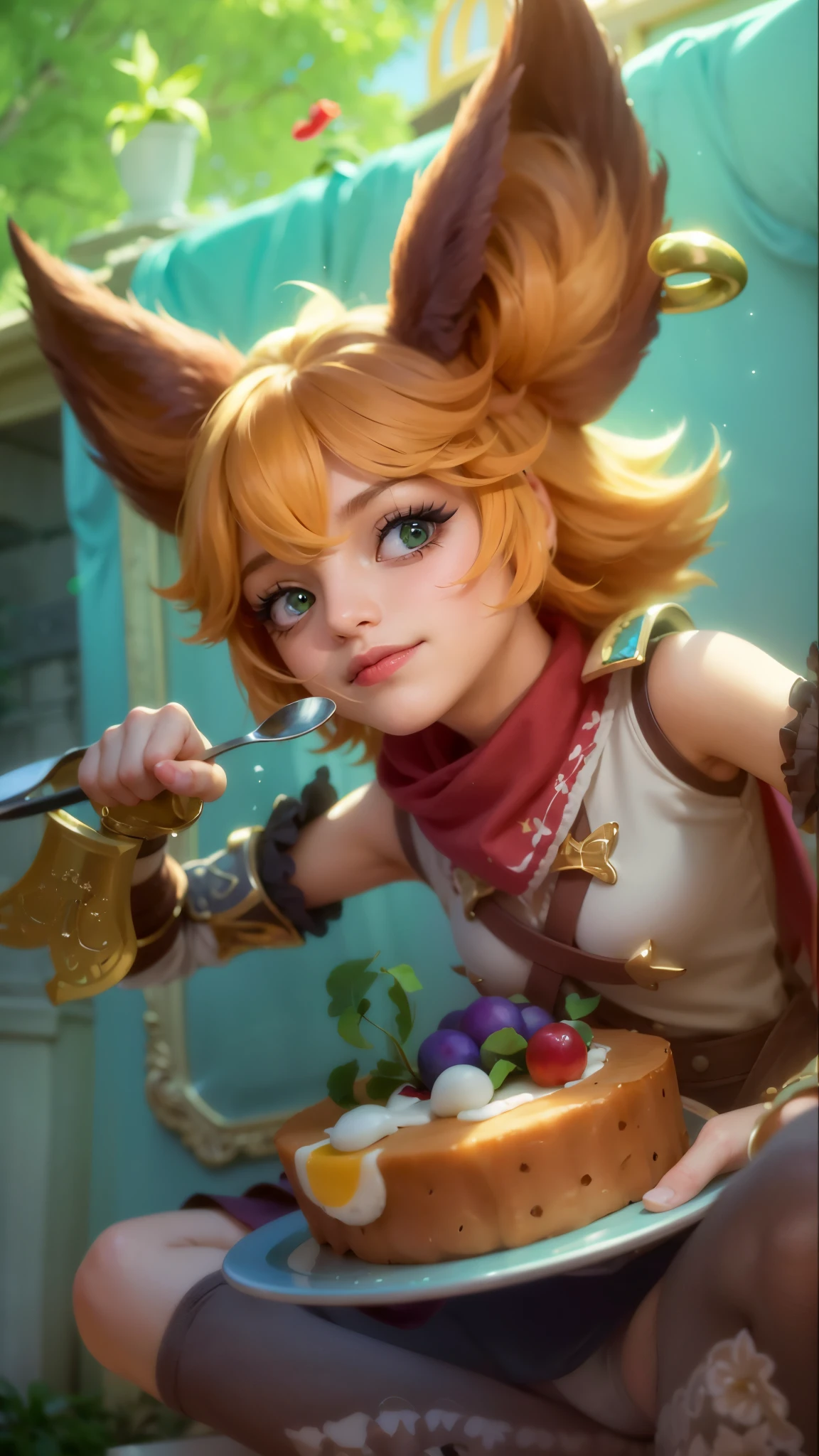 a girl with a cat hat and gloves, girl holding spoon and plate of cake in hands, 8k, ultra hd, ultra detailed texture, hyper realistic, masterpiece, detailed texture, detailed face, detailed skin, detailed lighting, (photorealistic:1.5), best quality, beautiful lighting, cinematic lighting, professional lighting, ultra highres, realistic, detailed hair, real hair, high quality, (realskin:1.5), extremely detailed, finely detail, ultra-detailed, green eyes, smile.