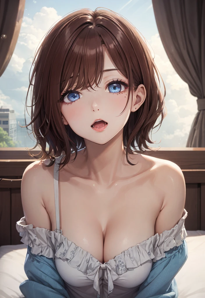 ultradetail、particles of light:0.5、off shoulder loungewear、beautiful cleavage、sleeping face up in bed、beautiful blue eye、half open mouth、natural texture、dripping cloudy saliva