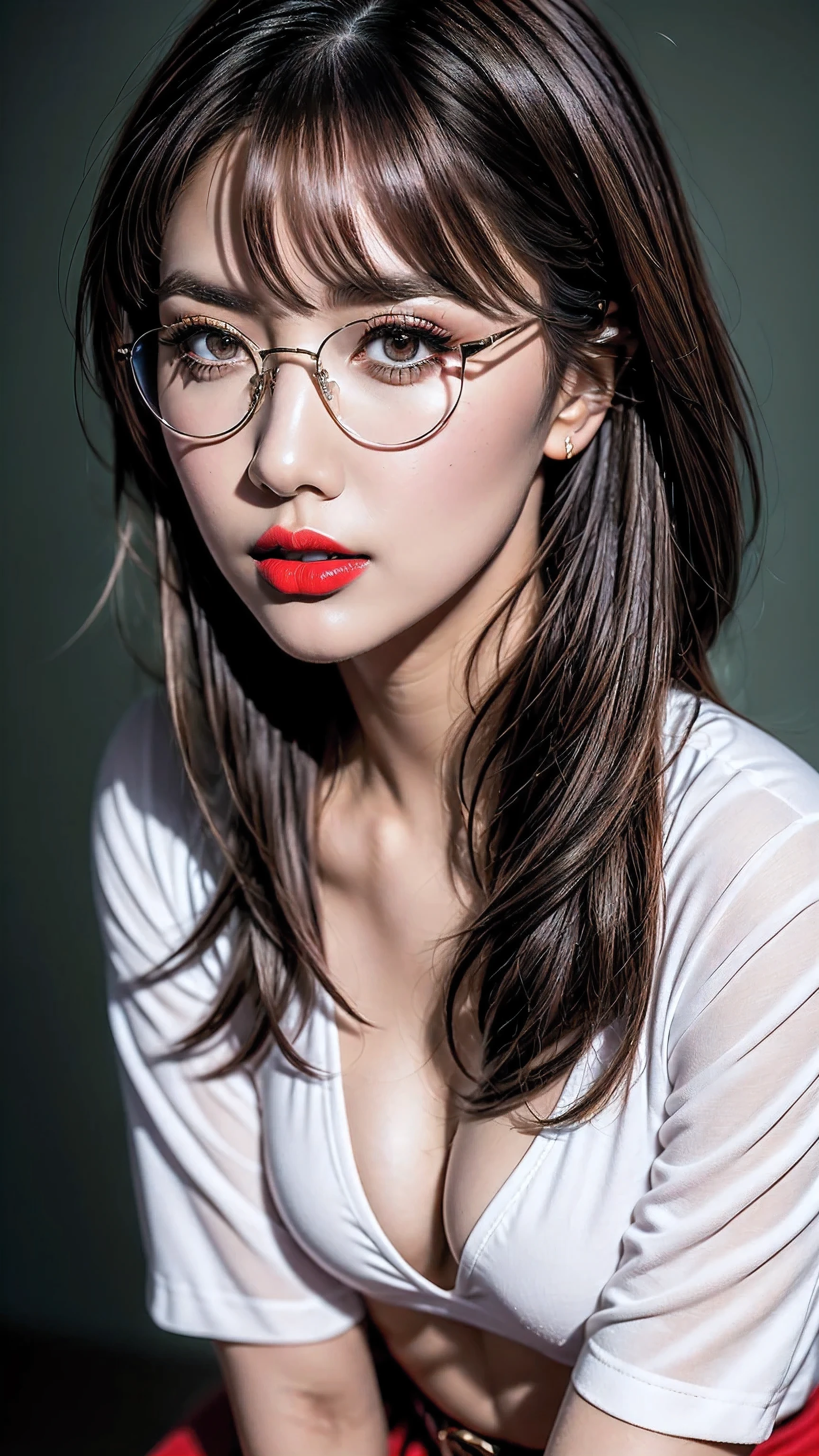 (Intricately detailed photo),(photorealistic)),(Hyper realistic),(sharp focus))((highest resolution)),(the most absurd quality),(masterpiece),((best high quality real texture skin:1.3)),((Highly quality texture hair)), (perfect proportions),((anatomically correct)),((perfect female body)),beautiful cheekbones,(Super beautiful),(highly detailed realistic slim face),(ultra detailed eyes),(tired and sleepy and satisfied:0.0),(realistic brown_eyes:1.33),perfect round eyes,finely detailed pupils,BREAK,detailed lips:1.3,makeup:1.3,long_blue_eyeliner:1.15,(red_lipstick:1.2),perfect dark_eyeshadows:1.3,(Detailed nose)small head,full bodyesbian, yoru(chainsaw man),(very detailed face, real image, realistic skin, realistic body, intricate details), red eyes (intimidating look), light blush, social clothing, semi-open button-up shirt (White), white bra, Skirt (black), black belt with buckle, short hair, glasses, small breasts, large thighs, classroom, blackboard, ((shot above the knees:1.25)),Hasselblad, 50mm f/4.0
