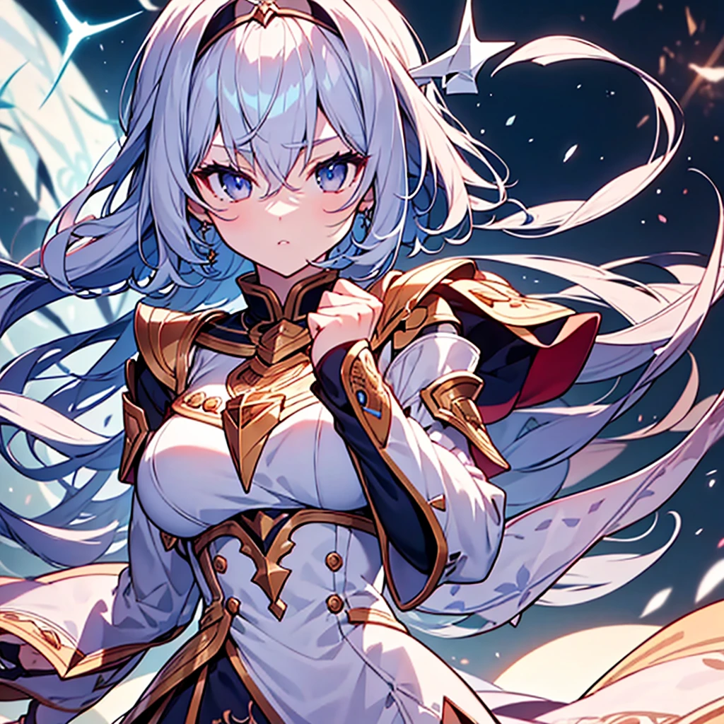 Detailed clenched fist,Pale-haired girl１people,high quality,masterpiece, 最high quality, rental,intricate details, extreme details, 4k,confused,Detail view,High resolution, anime screenshot, fantasy, knight,paladin,Gorgeous detailed white armored dress, Silver Gauntlet, capelet, greaves,breastplate,pauldron, cuff, full armor, jewelry, sacred aura,Long Shining Holy Gauntlet,particles of light, pale eyes, translucent hair, bangs, short hair, shaggy hair,,一peopleで, thin,parted lips, tsurime, long eyelashes, compensate,eye shadow, strict, Snow floating in the air, zoom out,wide shot, written boundary depth ,moving line, outdoor,, looking at some