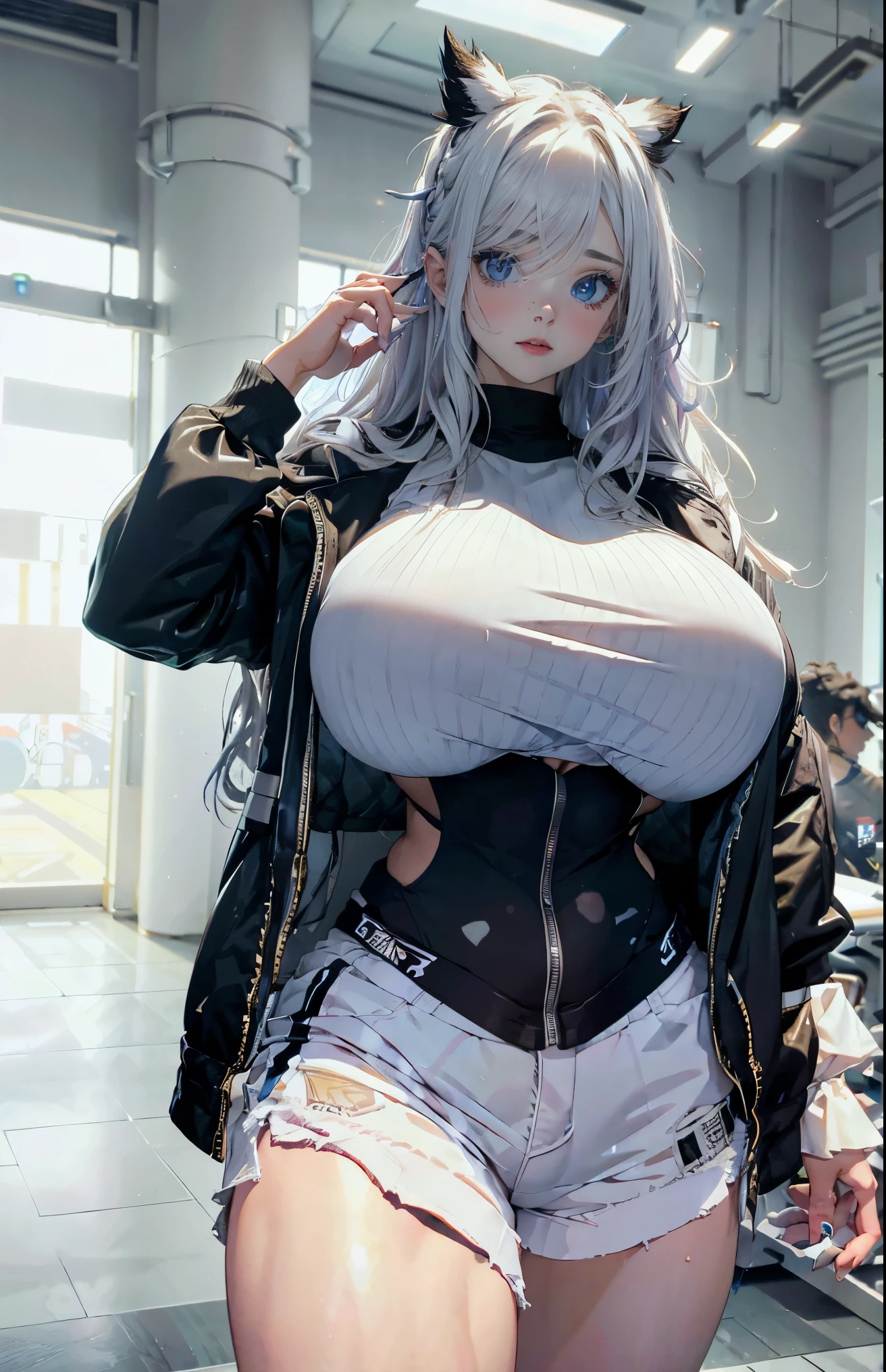 a 19yo woman(goth girl, white wavy hair)Her eyes are blue and beautiful, her hair are white and wavy, gym wear、 tanktop and shorts showing a massive bulge, gym indoor, light from windows, standing up, thick thigs, cinematic lights, light particles, lipstick、Detailed details, cinematic lights,, massive breasts, defined abs, sweaty skin, massive breasts, muscular, wearing a white short with a big huge bulge,