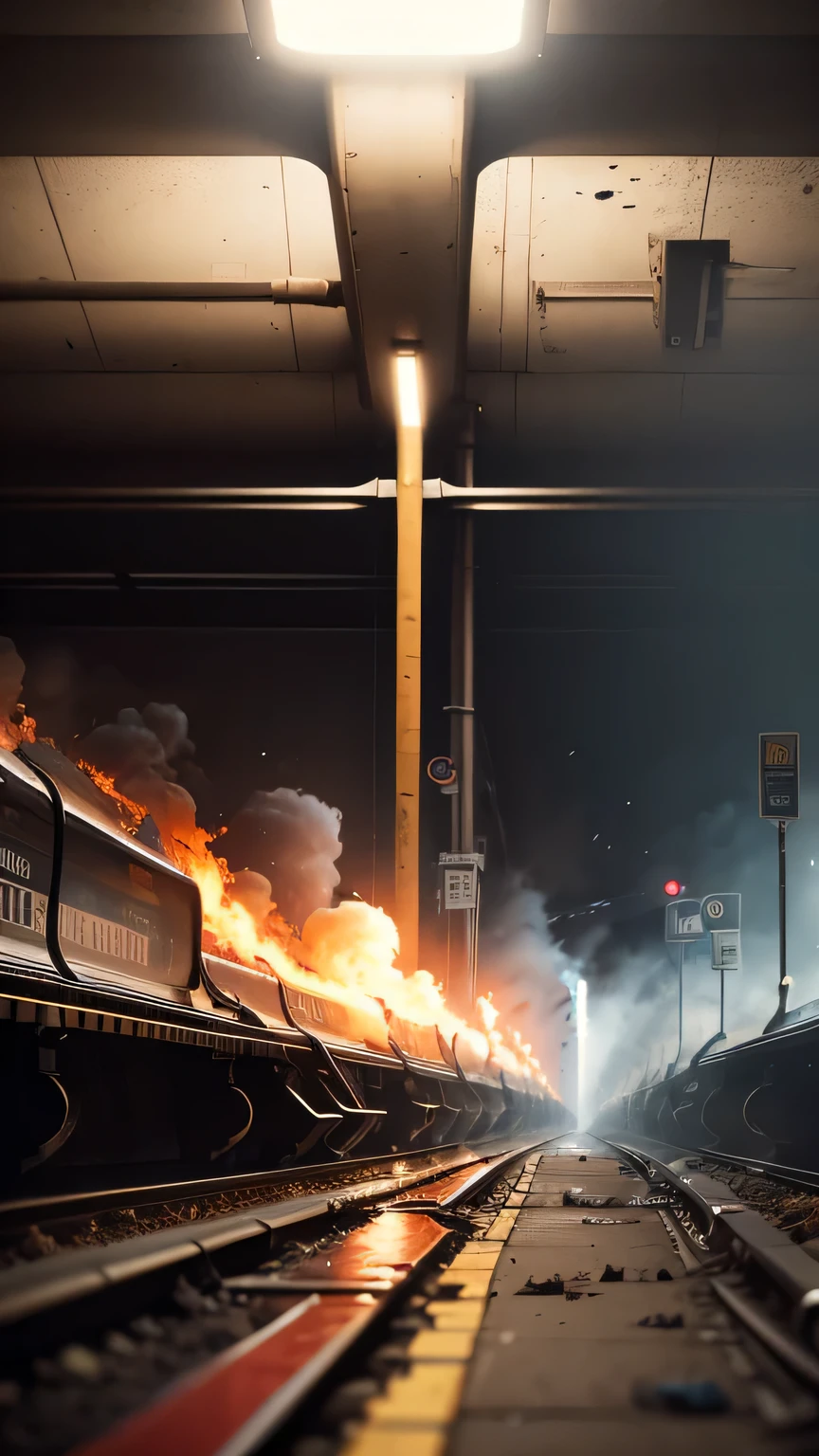 underground subway destroy, smoke, burning, 8k, high quality 