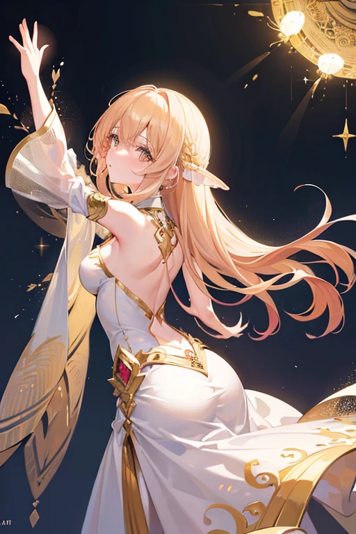 Anime style, 1 princesa elfa, long brown hair, Hime_Estilo de corte, ojos azules almendrados, senos medianos, traditional elven fantasy clothing, Blusa verde, falda rosa, Medias blancas hasta el muslo, Tacones altos dorados, Acostado en la cama , piernas abiertas, desnudo , abrir , rubbing it , female Masturbation, orgasmo, Falda superior,