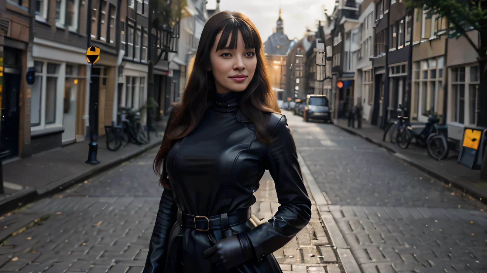 softly smiling Bettie Page, Golden Locks hair, detailed freckles, blue eyes, very slim, very short, posing in Amsterdam, modeling, wearing turtleneck, trench coat, maxy leather skirt, black gloves,scarf, The image, realistic hyper-detailed photo captured in stunning Ultra HD, 8k resolution, Nikon D850, — style raw — c 10 — ar 2:3 — s 250V