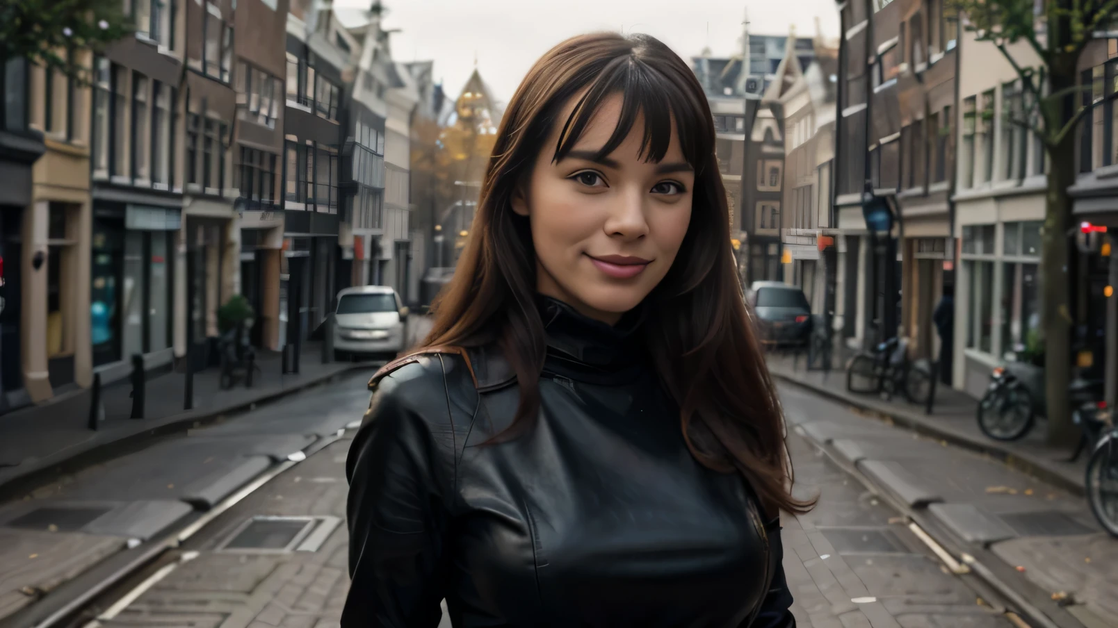 softly smiling Bettie Page, Golden Locks hair, detailed freckles, blue eyes, very slim, very short, posing in Amsterdam, modeling, wearing turtleneck, trench coat, maxy leather skirt, black gloves,scarf, The image, realistic hyper-detailed photo captured in stunning Ultra HD, 8k resolution, Nikon D850, — style raw — c 10 — ar 2:3 — s 250V
