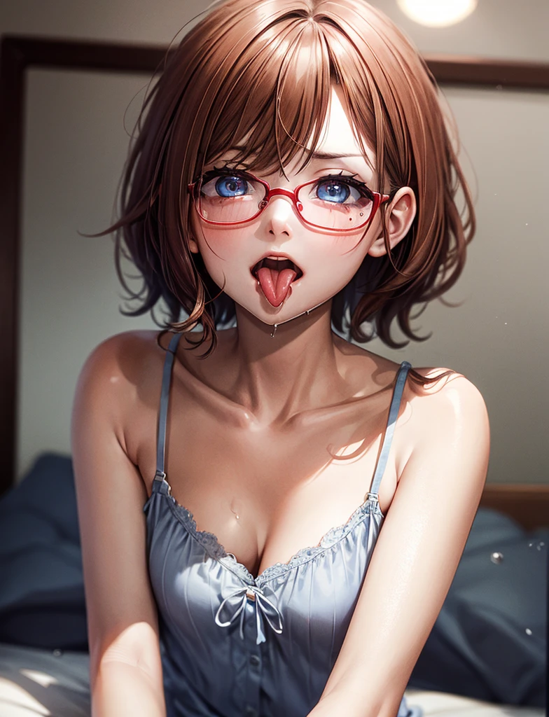 ultradetail、particles of light:0.5、slender、small breasts、Red Frame Glasses、beautiful blue eye、humiliated face、cleavage、face with tongue out、lie on the bed、dripping cloudy saliva