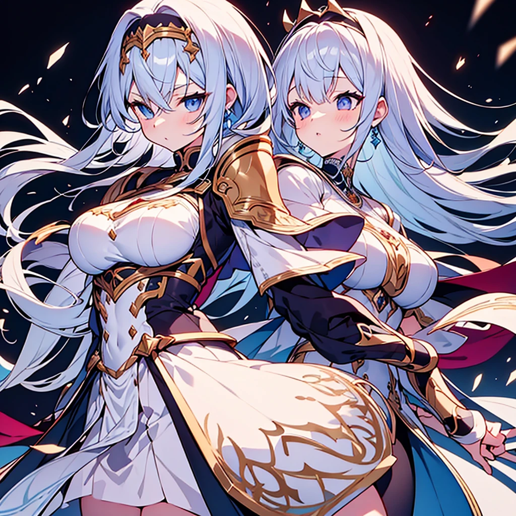 One girl, Long Hair, Bangs between the eyes, Gray Hair, Character portrait, blue eyes, Anime Style, Ahoge, Character design drawings, Small breasts,Demon King