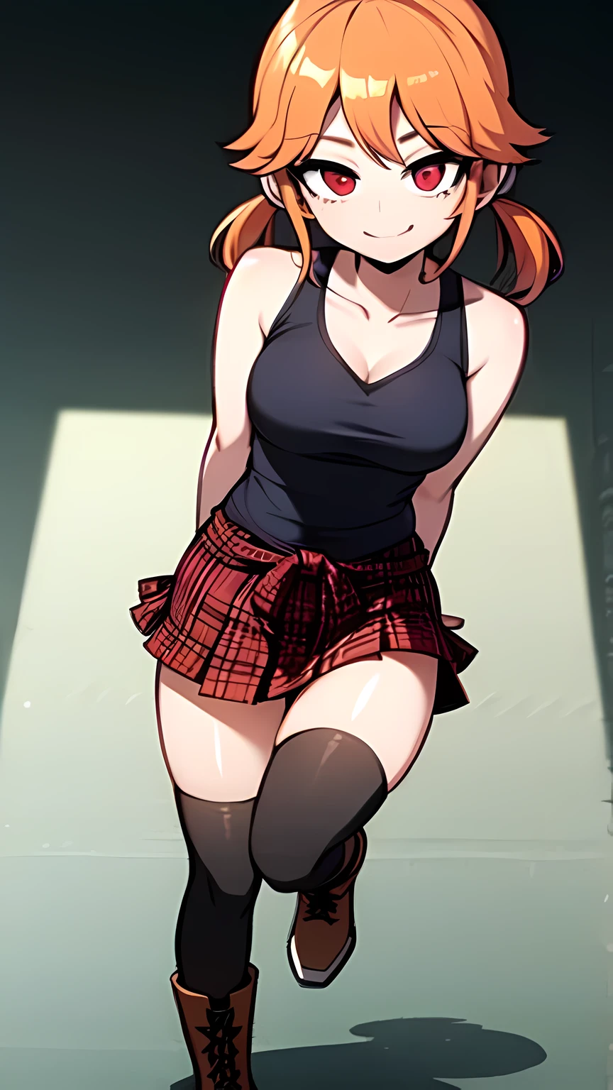 1girl,solo,full body,looking at viewer,facing viewer,short low twintails,orange hair,red eyes,twin parted bangs,hair pulled back,solid outline,smile,black thighhighs,red plaid skirt,gray tanktop,military boots,yellow hoodie around waist