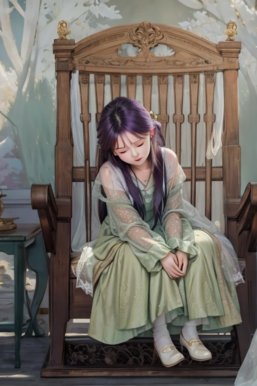 girl with a green dress, modelshoot style, pastel palette, masterpiece, diversity, ((perfect face)), purple hair, sleeping, closed eyes