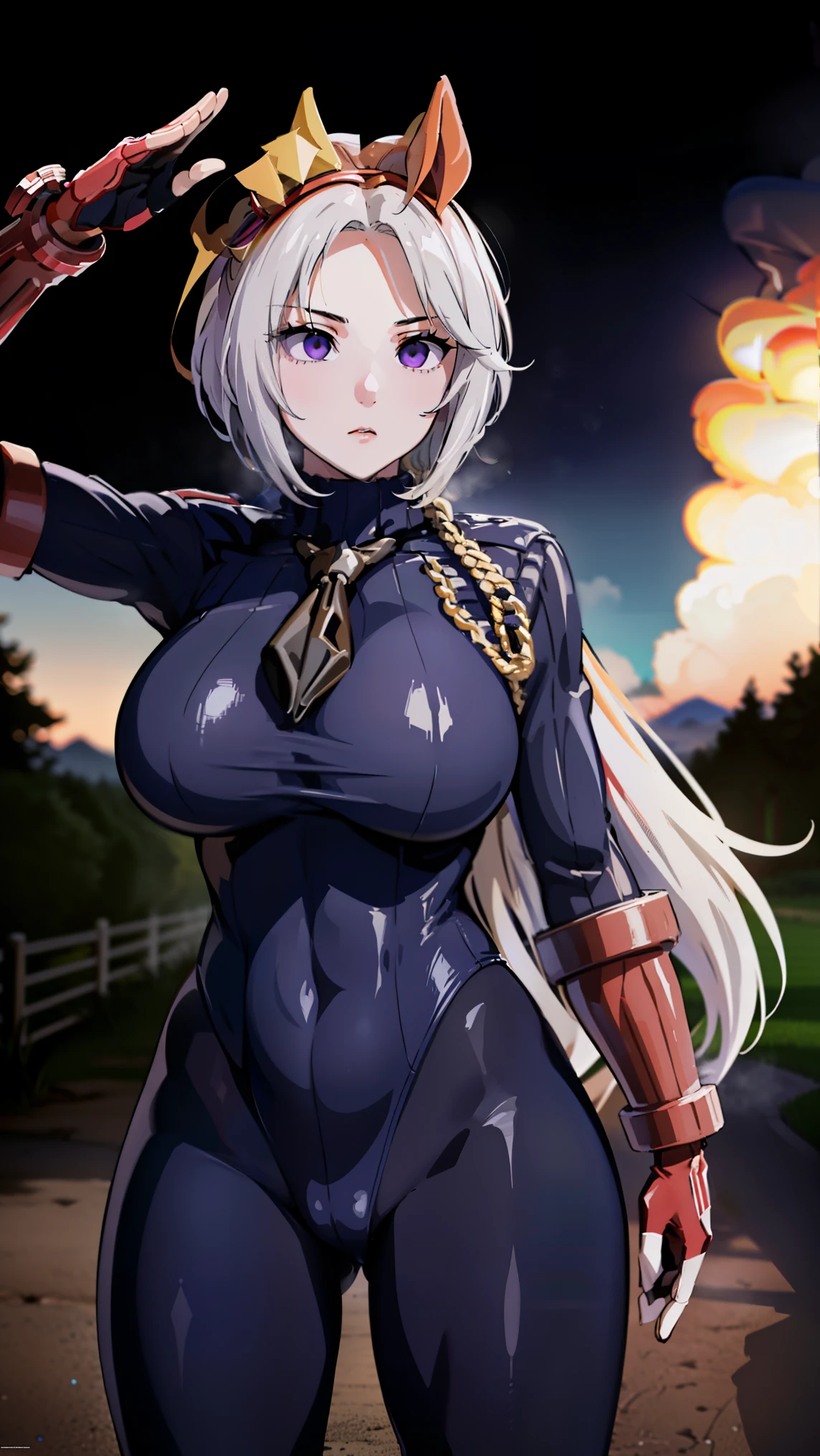 1 girl,NSFW,Orfèvre,  (Uma Musume),horse ears, clavicle, absurd, brainwashing,Combatant, empty eyes,((purple glowing eyes 1.5))( huge breasts ), No expression, emotions removed,hat、tie、gloves、ribbed bodysuit, ((black shadaloo suit)),avert your eyes , whole body shape, ((stand up, salute)),(highest quality、4k、8K、High resolution、must have:1.2)、Super detailed、(reality、that&#39;s realistic、realistic:1.37)、ticker、hyper hd、studio lighting、ultra definition paint、sharp focus、Physically based rendering、extreme details、Professional specifications、vibrancy and color、blurry、sports portrait、landscape、horror style、anime big breasts、SF、photograph、concept artist、five fingers, perfect body,  {{{masterpiece}}}, {{{highest quality}}}, {{Super detailed}}, {shape}, {{very delicate and beautiful}},Improved cost performance、all roles、Canon 5D MK4でphotograph、photograph, 