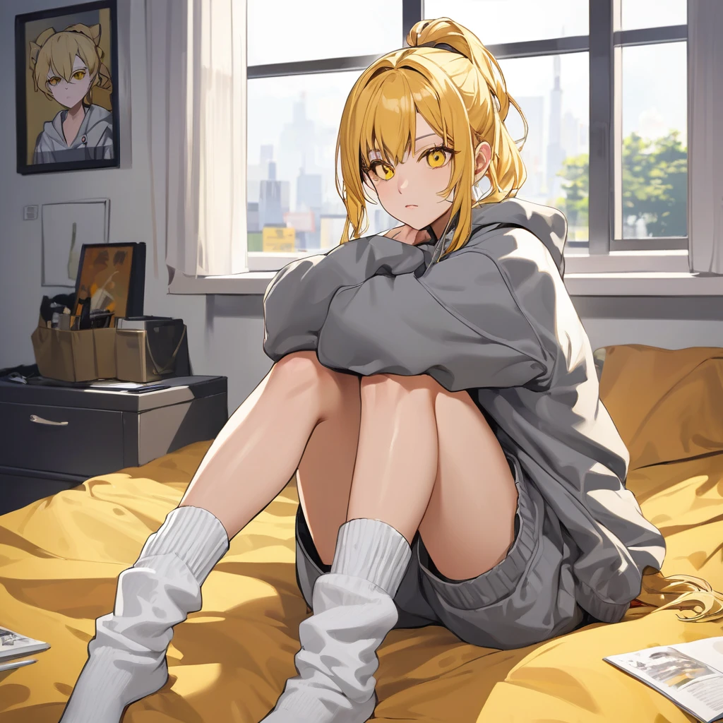 ((Best quality)), ((Masterpiece)), (Detailed), perfect face, Tokyo Revengers style, blonde girl, orange-blonde hair, blonde, ponytail hairstyle, hair tied in a ponytail, Bright yellow eyes, sharp yellow eyes, Small mole under the eye, Little black mole, Calm looks, Tsundere,  loose socks, White loose socks, She wears a grey big wool Hoodie, She wears short white shorts, Lying on the bed tiredly, skinny girl, Regular hairstyle, not a weird hairstyle,