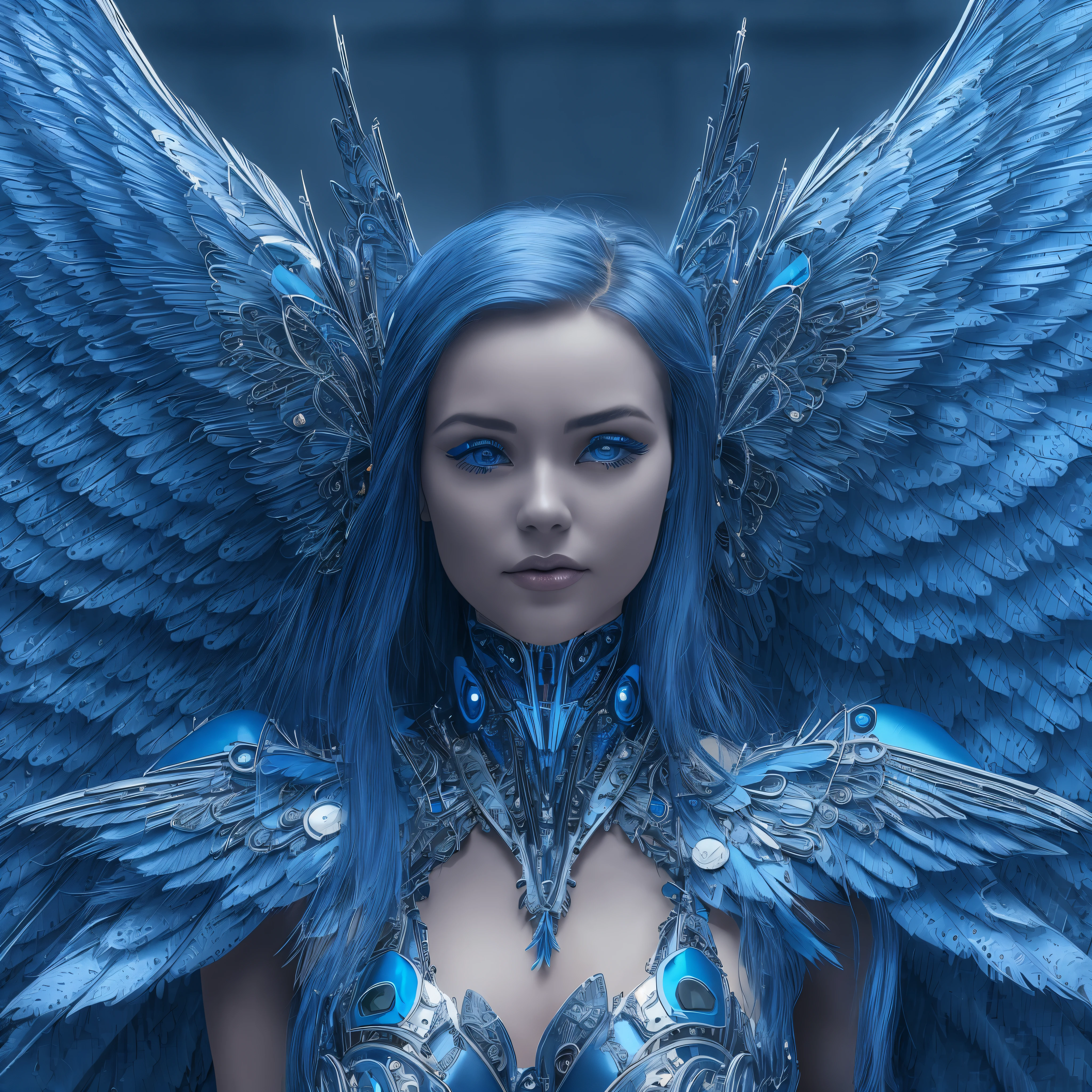 Close-up of a woman in a blue dress with wings, full body angel, futuristic robot angel, amazing angel wings, angel knight gothic girl, angel in plastic armor, intricate costume designs, As a mysterious Valkyrie, The whole body is made of blue feathers,, futuristic and fantastic, Blue wings, beautiful angel wings, steampunk angel, beautiful cyborg angel girl, graceful wings