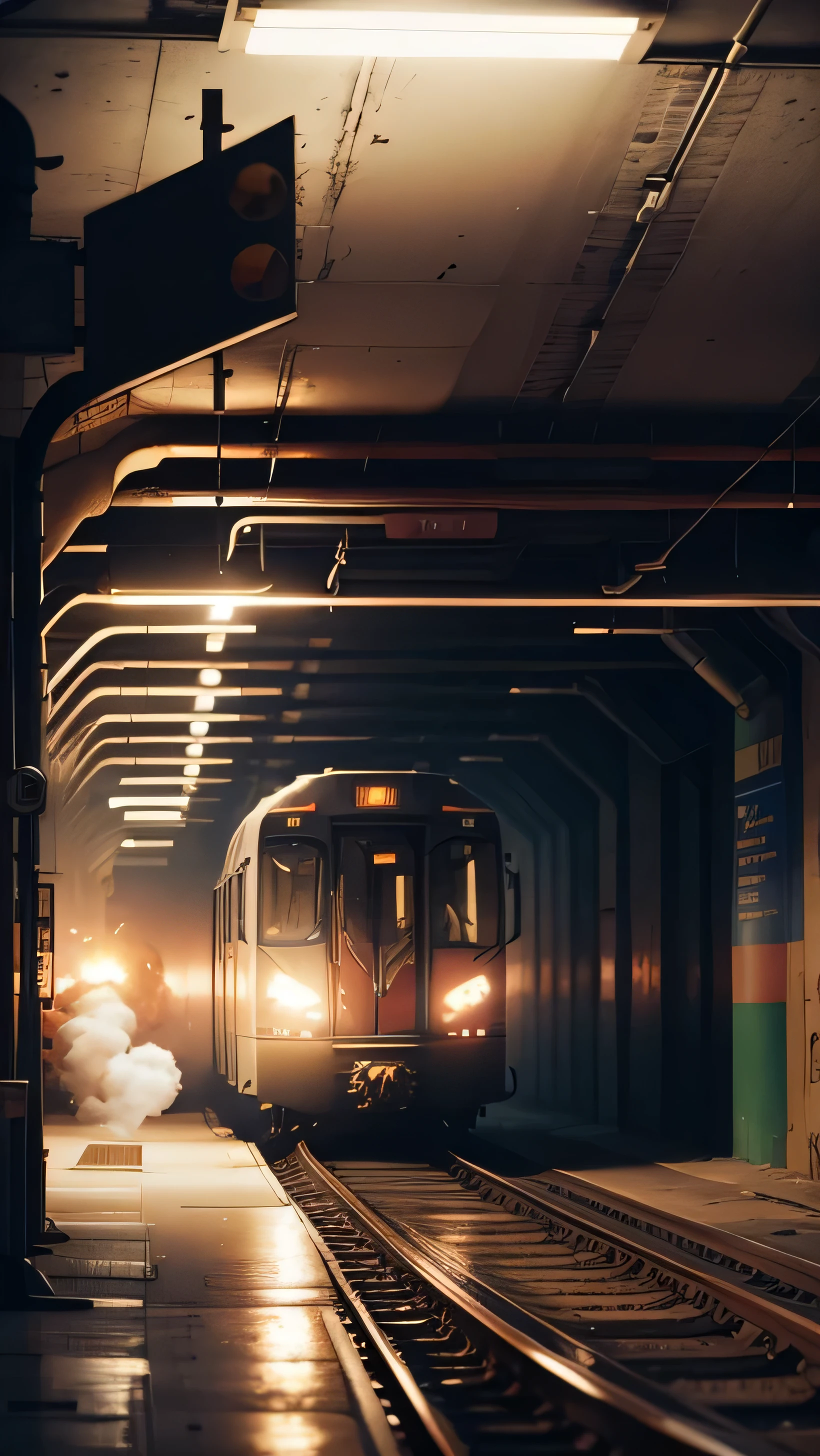 underground subway destroy, gas, smoke, burning, 8k, high quality