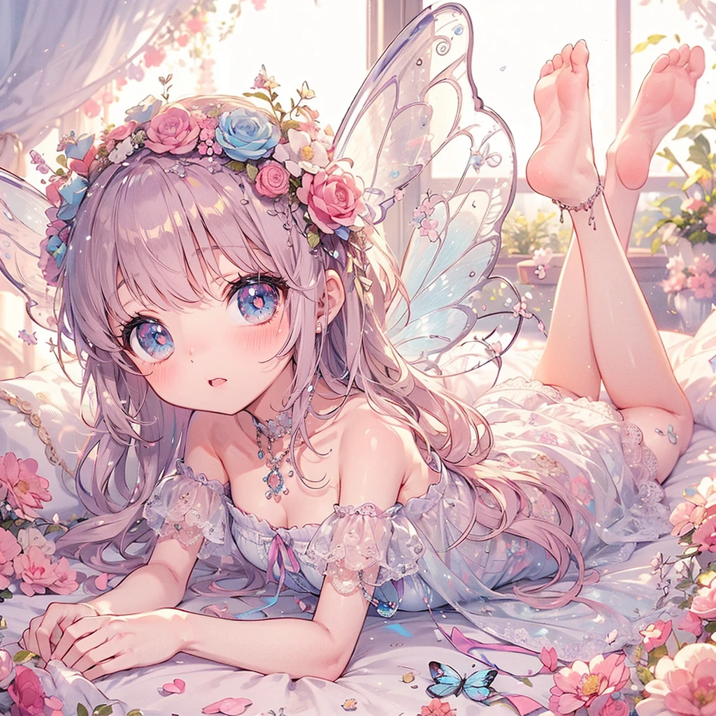 (exquisite, beautiful, very detailed, masterpiece, high quality,High resolution),(Soft thin lines:1.2, beautiful, Delicate and cute face), (Butterfly-like fairy wings growing from her back),from a little far away,body whole,night,Fairy princess lying on stuffed toy, Luxury bed in a luxurious room.,downward,lots of flowers,Hanabubuki,indoor,(diamond tiara, earrings, necklace), ((Gorgeous pastel ball gown dress:1.1, Balloon sleeves,gem, ribbon, lace and ruffles, 背中からbeautiful妖精の羽)), (light pink blush, plump pink lips,big bust,Fair skin, good style),