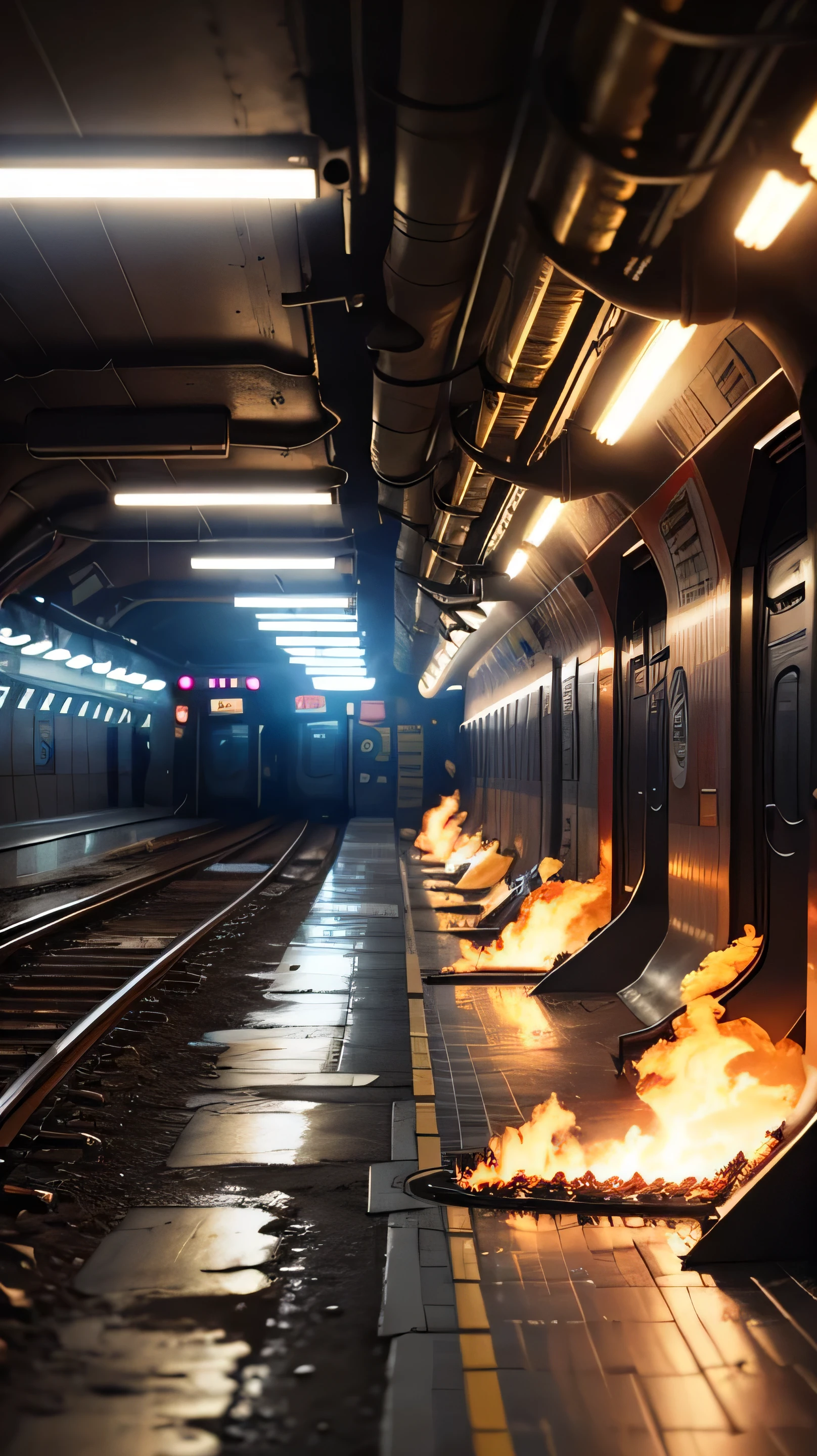 underground subway destroy, gas, smoke, burning, 8k, high quality 