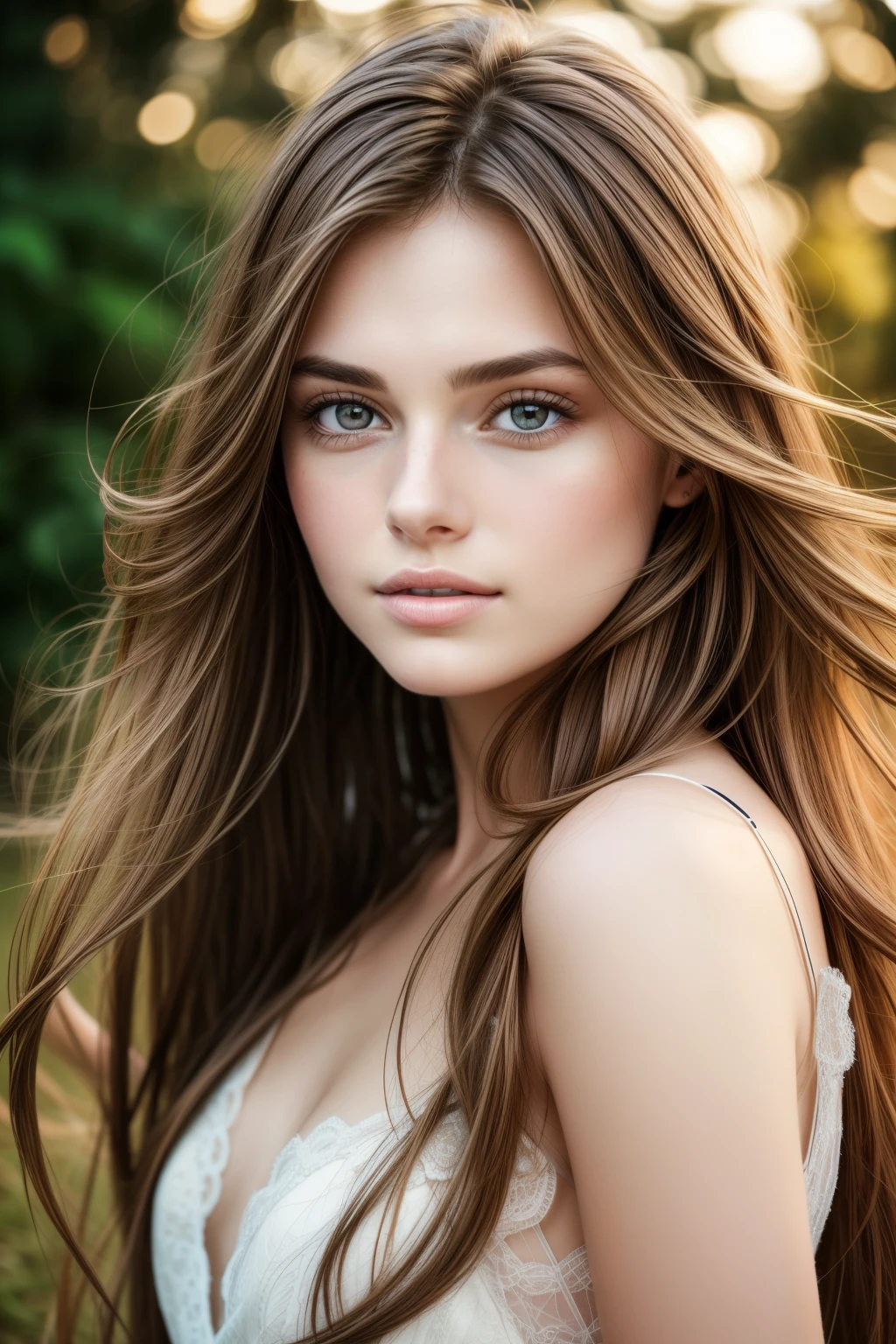 Close-up photo of a youthful 25-year-old girl with lustrous, flowing brown hair cascading down her face, framing her delicate features. The shot captures the raw beauty of her natural brown locks, enhanced by the soft, cinematic light that gently illuminates her flawless complexion. The high-resolution image showcases every intricate detail of her hair strands, with sharp focus and photorealistic textures, giving it a lifelike quality. The neutral tones and soft contrast lend an elegant and sophisticated feel to the overall composition. This masterpiece of a photograph is a testament to the beauty of youth and the art of photography.