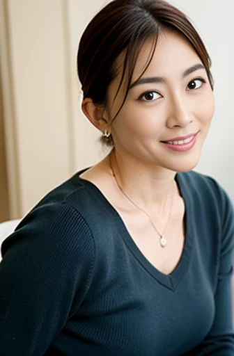 highest quality, masterpiece, realistic, 8K, 1 sexy woman, (sit straight and face forward), Upper body, (view audience), mature, 40 years old, Light clothing with a V-neck, cleavage, straight hair, short hair, Glasses with thin silver rimmed, sneaky eyes, Last, Mean Woman, attractive appearance