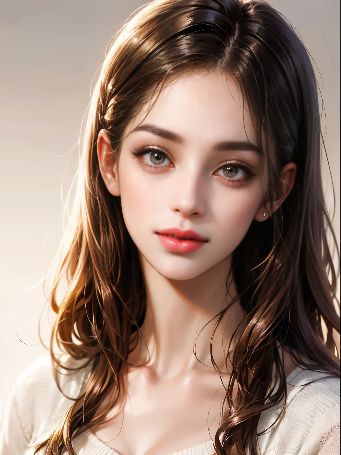 Girl, long brown hair, gray eyes, sharp features, white skin, pink lips, sweater