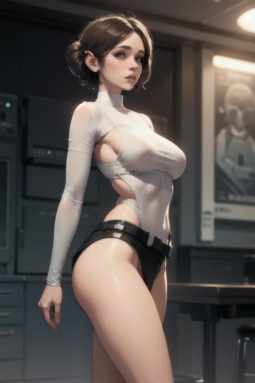 (Realistic), (highly detailed), uhd, Princess Leia without panties under short skirt, breast sheer top, (extremely short hair:1.3), detailed body, star wars world